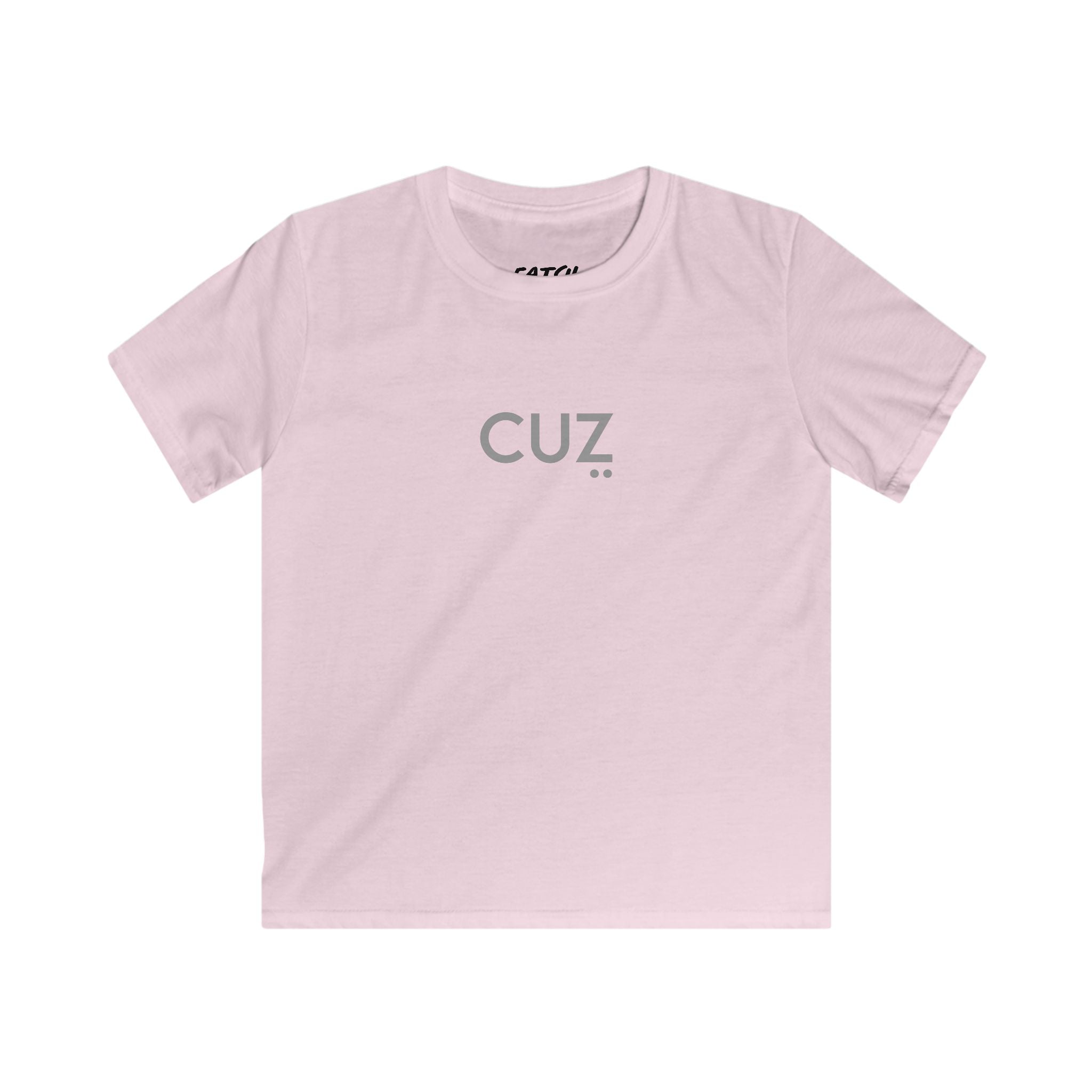 Pink t-shirt with 'CUZ' text on a white background