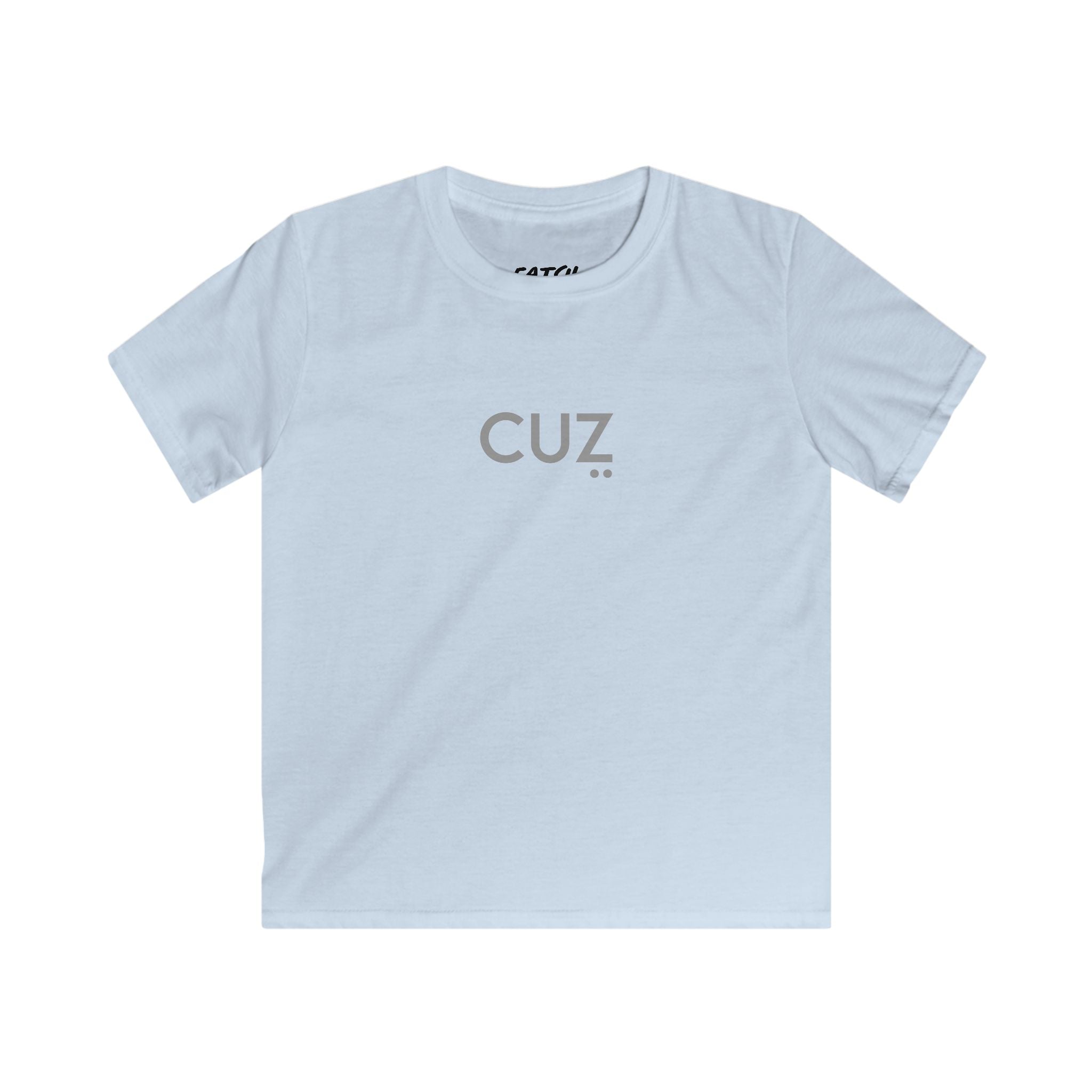 Light blue t-shirt with 'CUZ' text on a white background