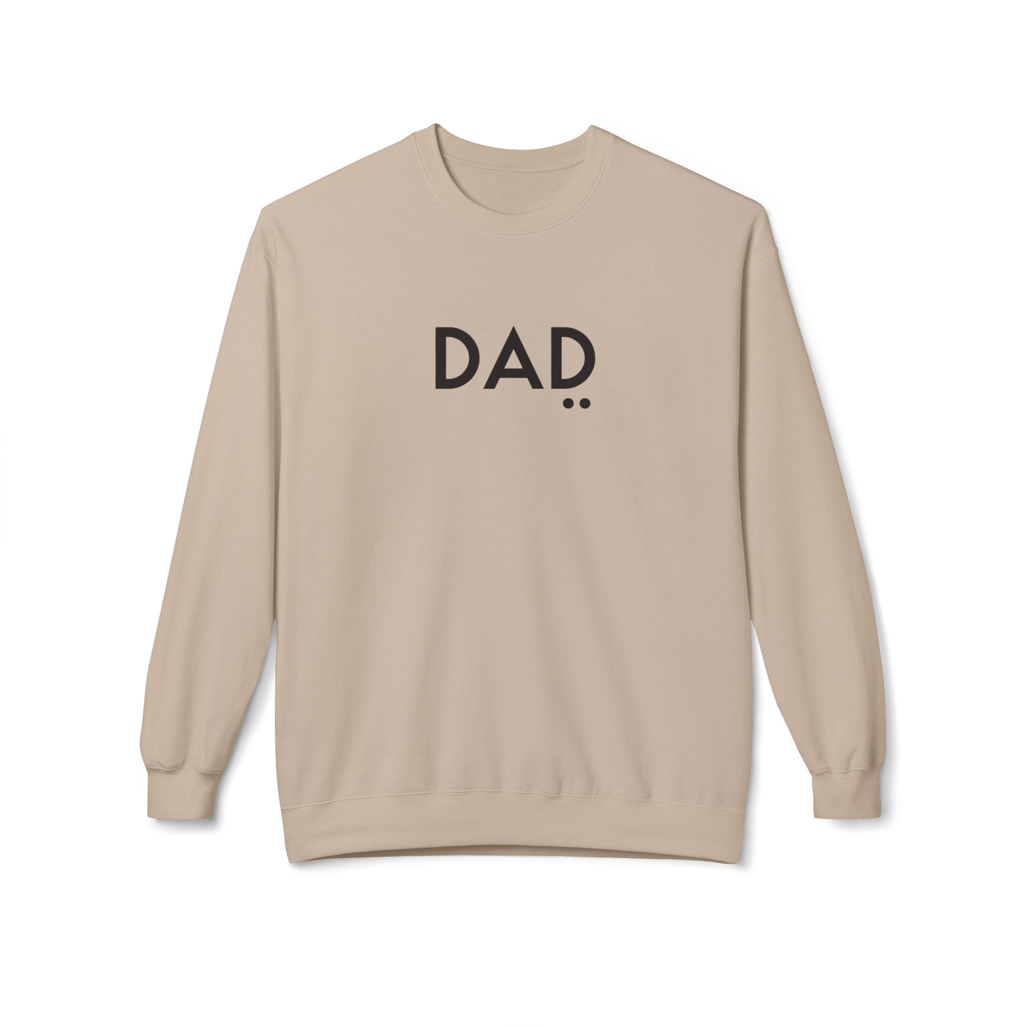 Beige sweatshirt with 'DAD' printed on it against a white background