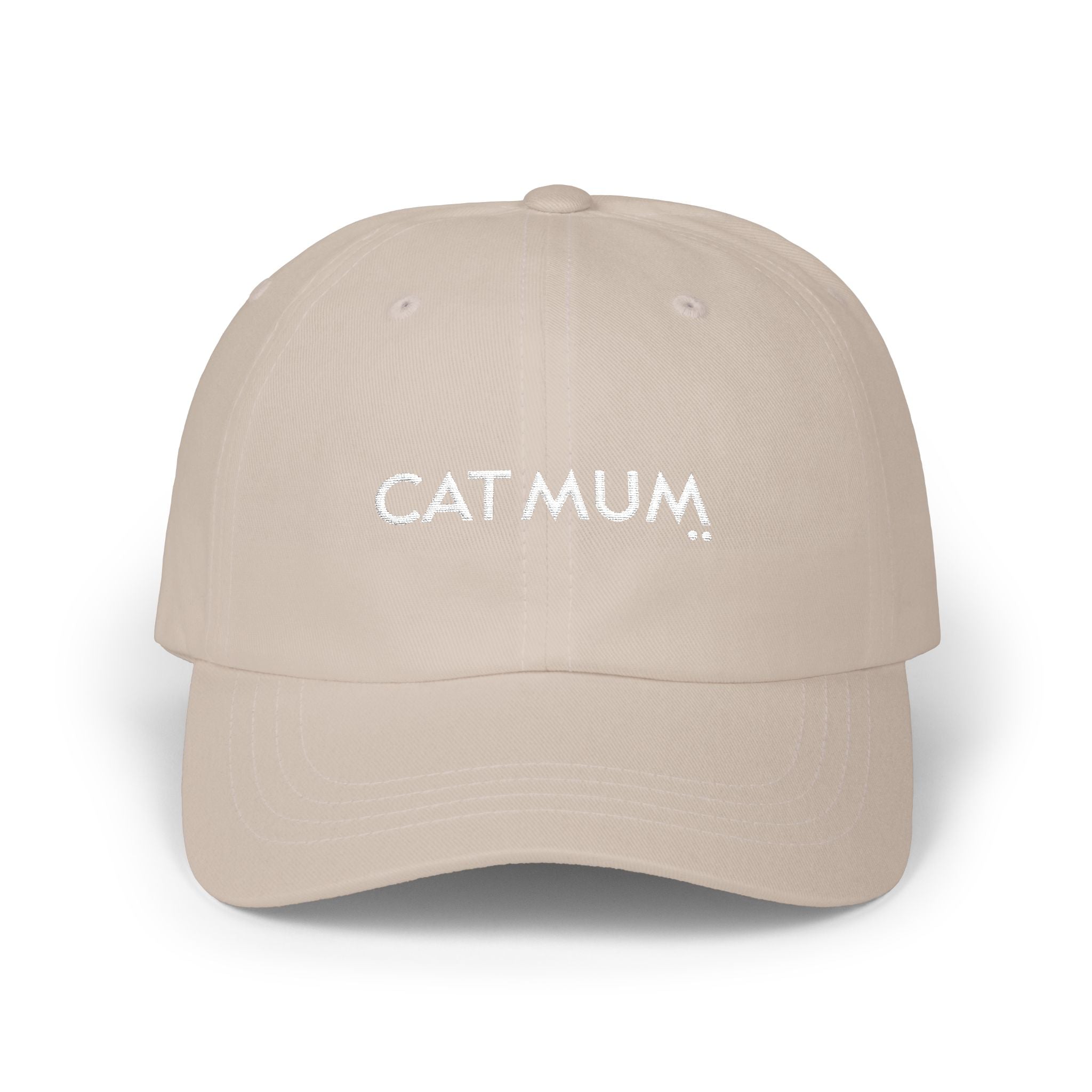 Beige cap with 'CAT MUM' text on a white background