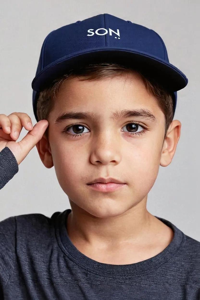Child wearing a navy blue cap with 'SON' logo on a gray background