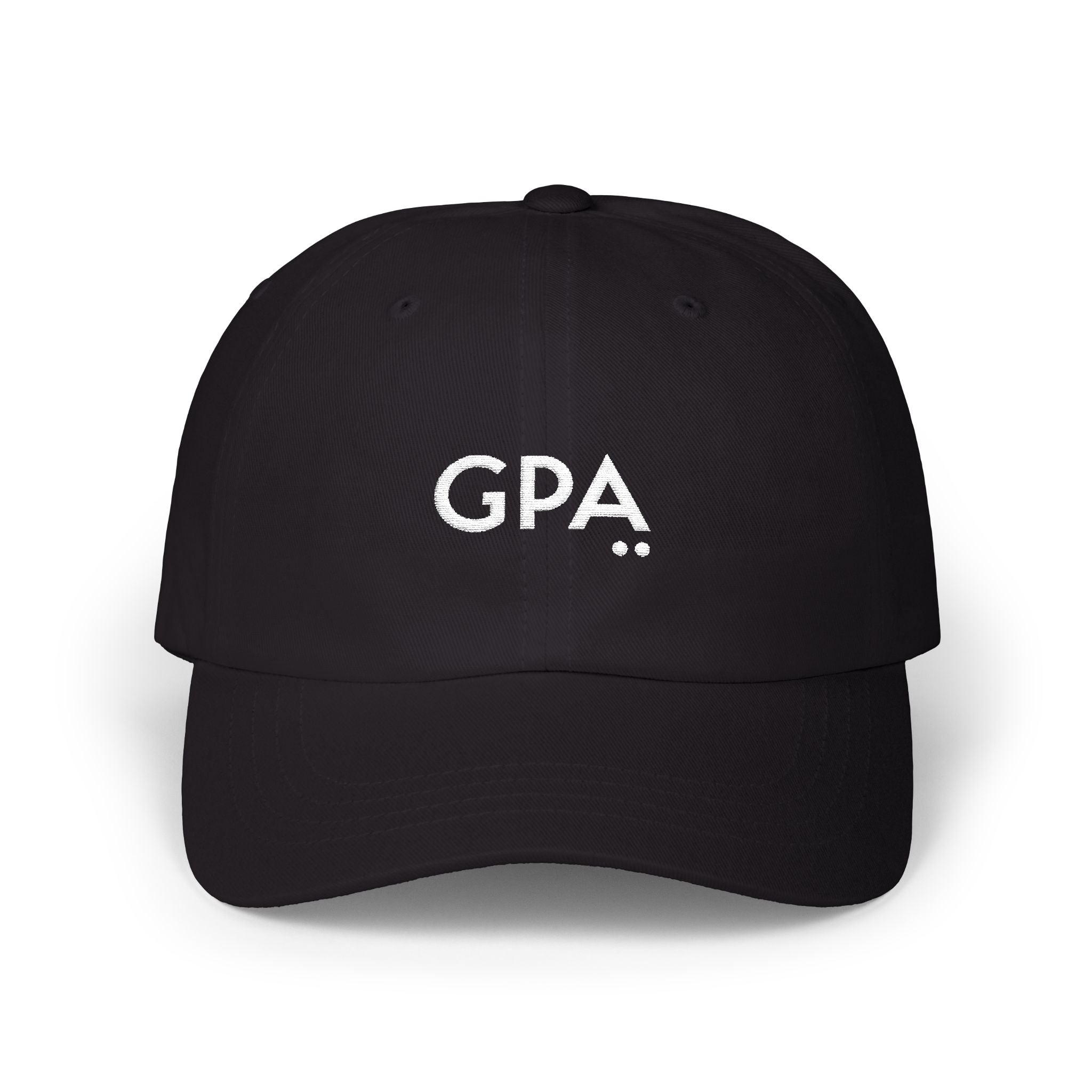 Black cap with 'GPA' embroidered on a white background