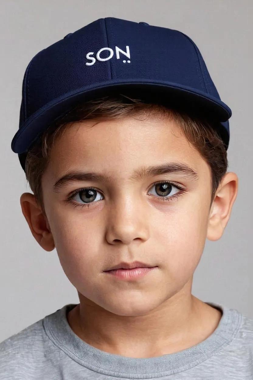 Child wearing a navy blue cap with 'SON' on a gray background