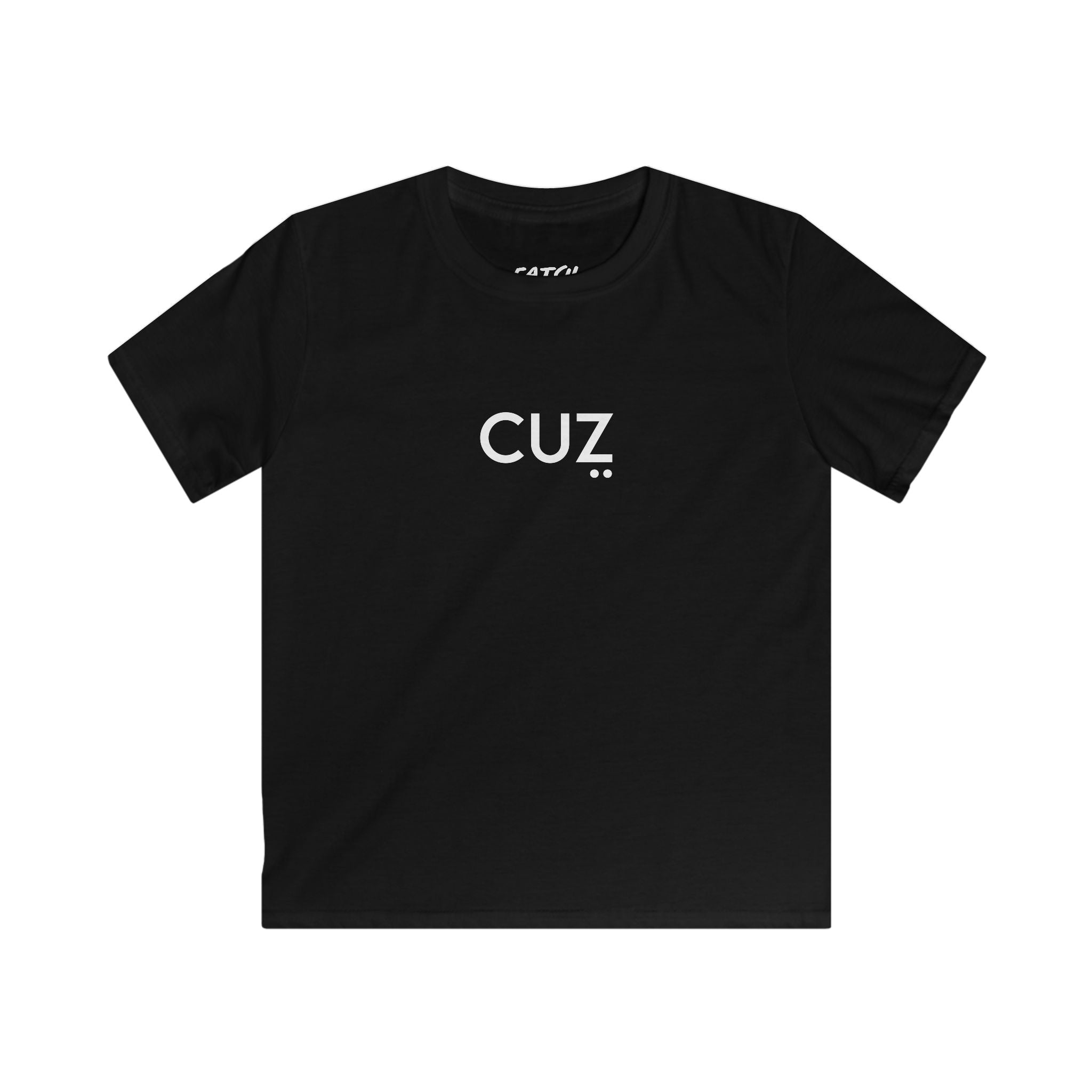 Black t-shirt with 'CUZ' printed on it against a white background
