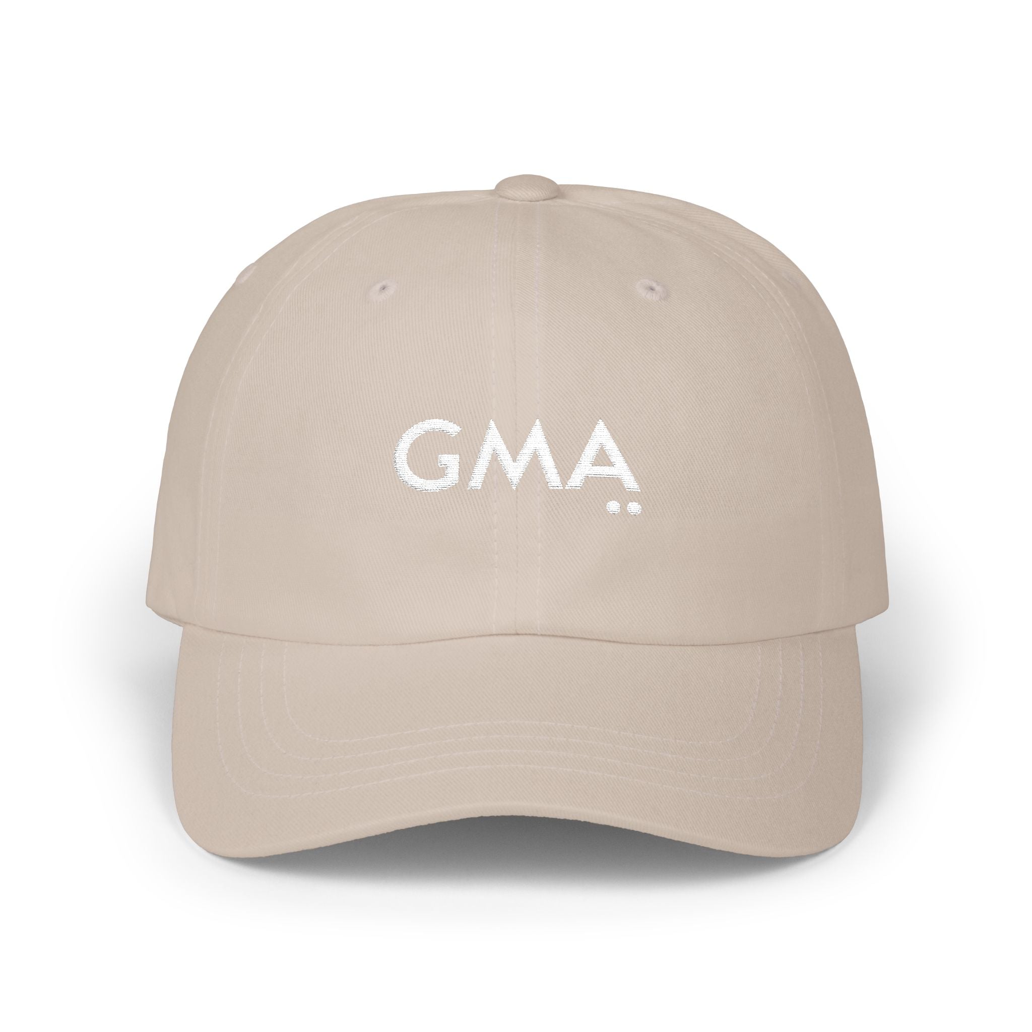 Beige cap with 'GMA' logo on a white background