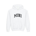 White hoodie with 'MINI' text on a white background