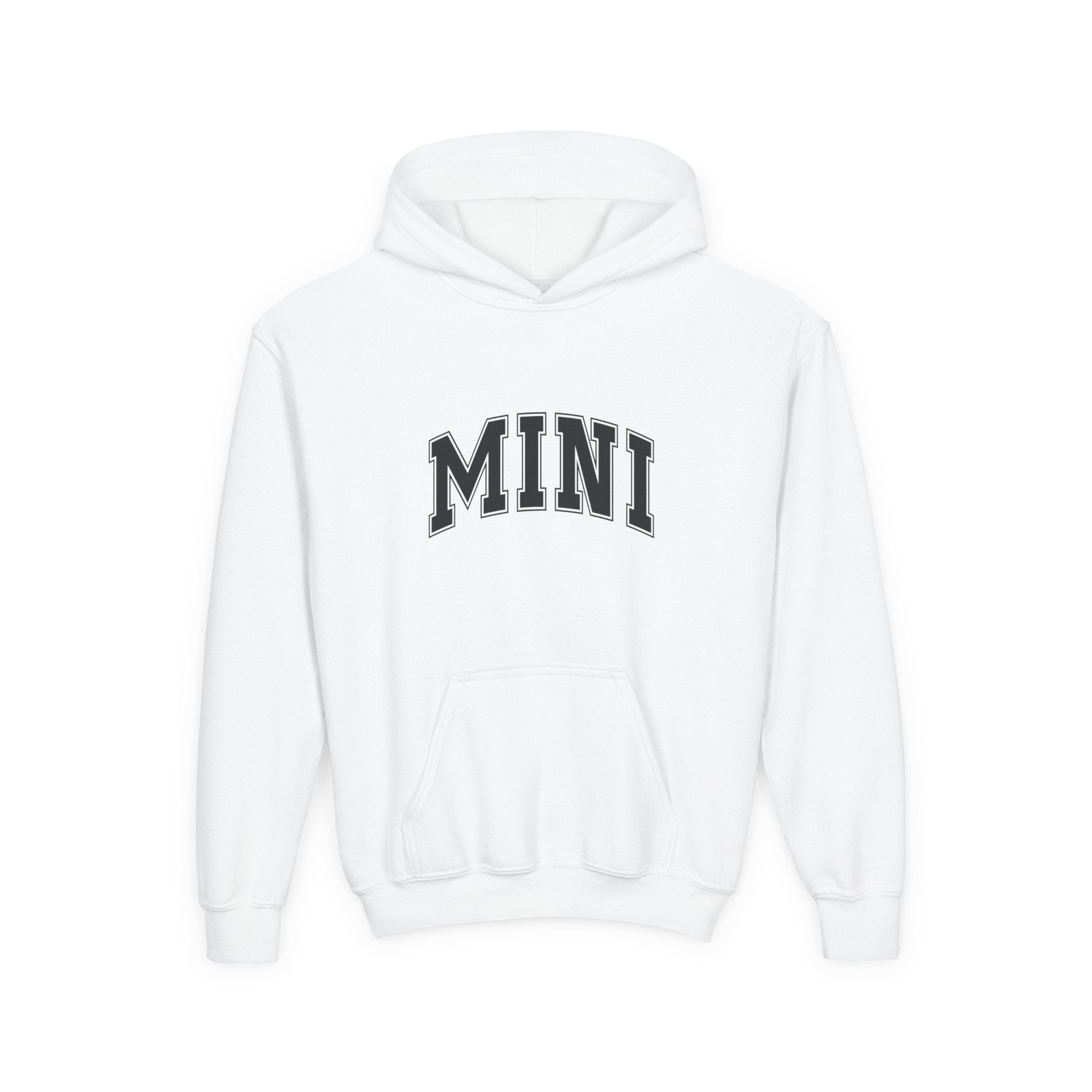 White hoodie with 'MINI' text on a white background