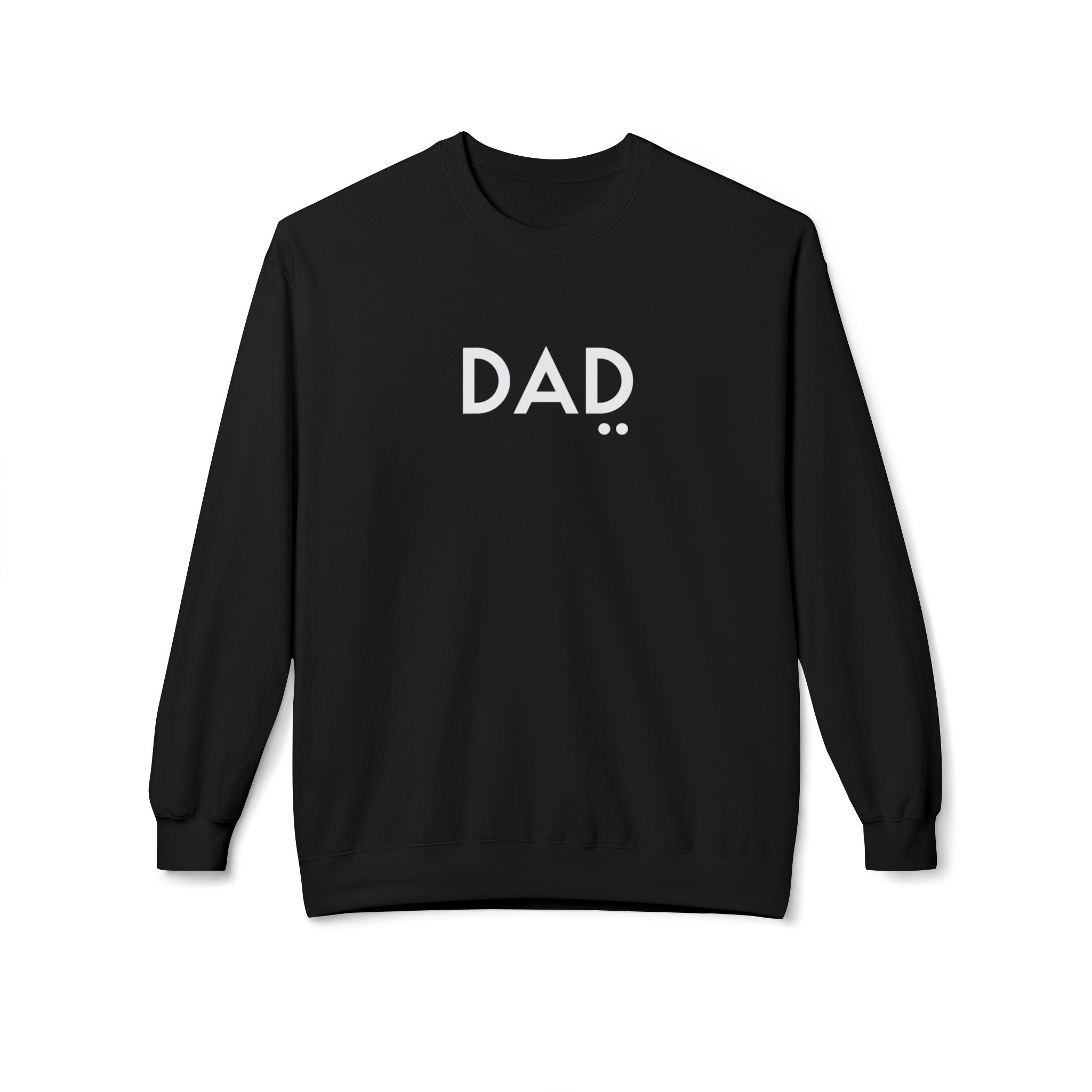 Black sweatshirt with 'DAD' printed on it against a white background
