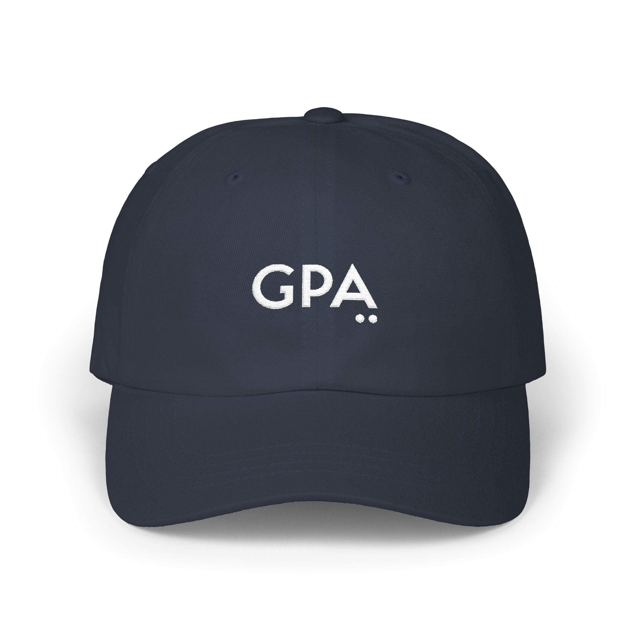 Navy blue cap with 'GPA' logo on a white background