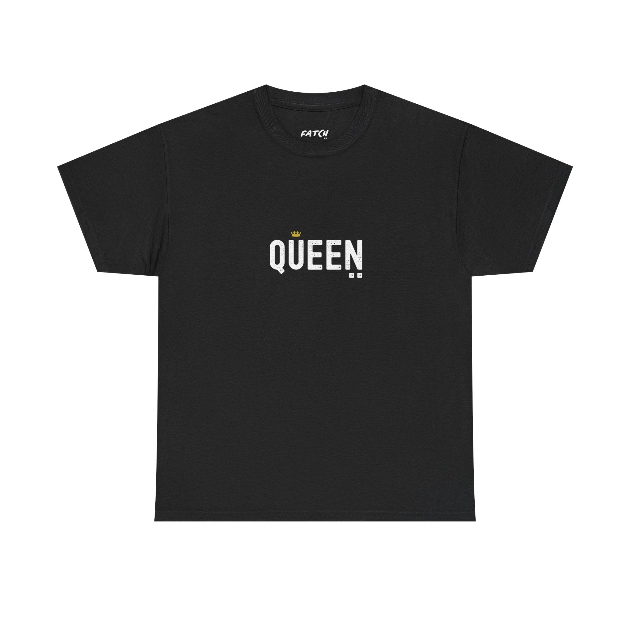 Black t-shirt with 'QUEEN' text on a white background