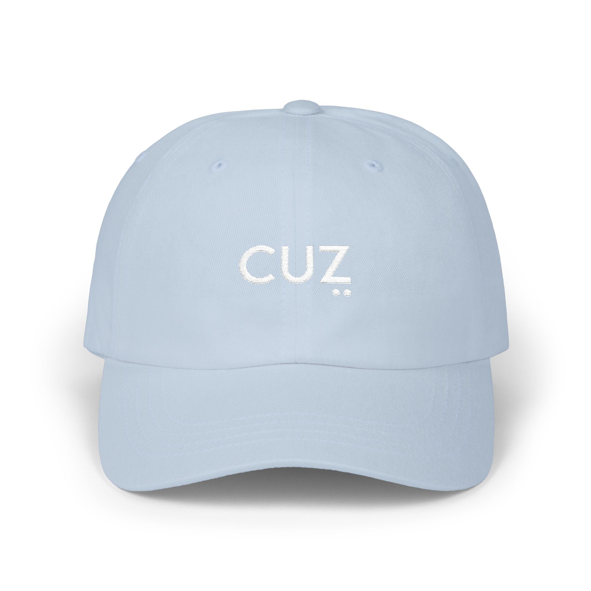 Light blue cap with 'CUZ' text on a white background