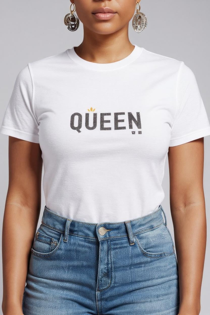 Person wearing a white t-shirt with 'QUEEN' printed on it and blue jeans.