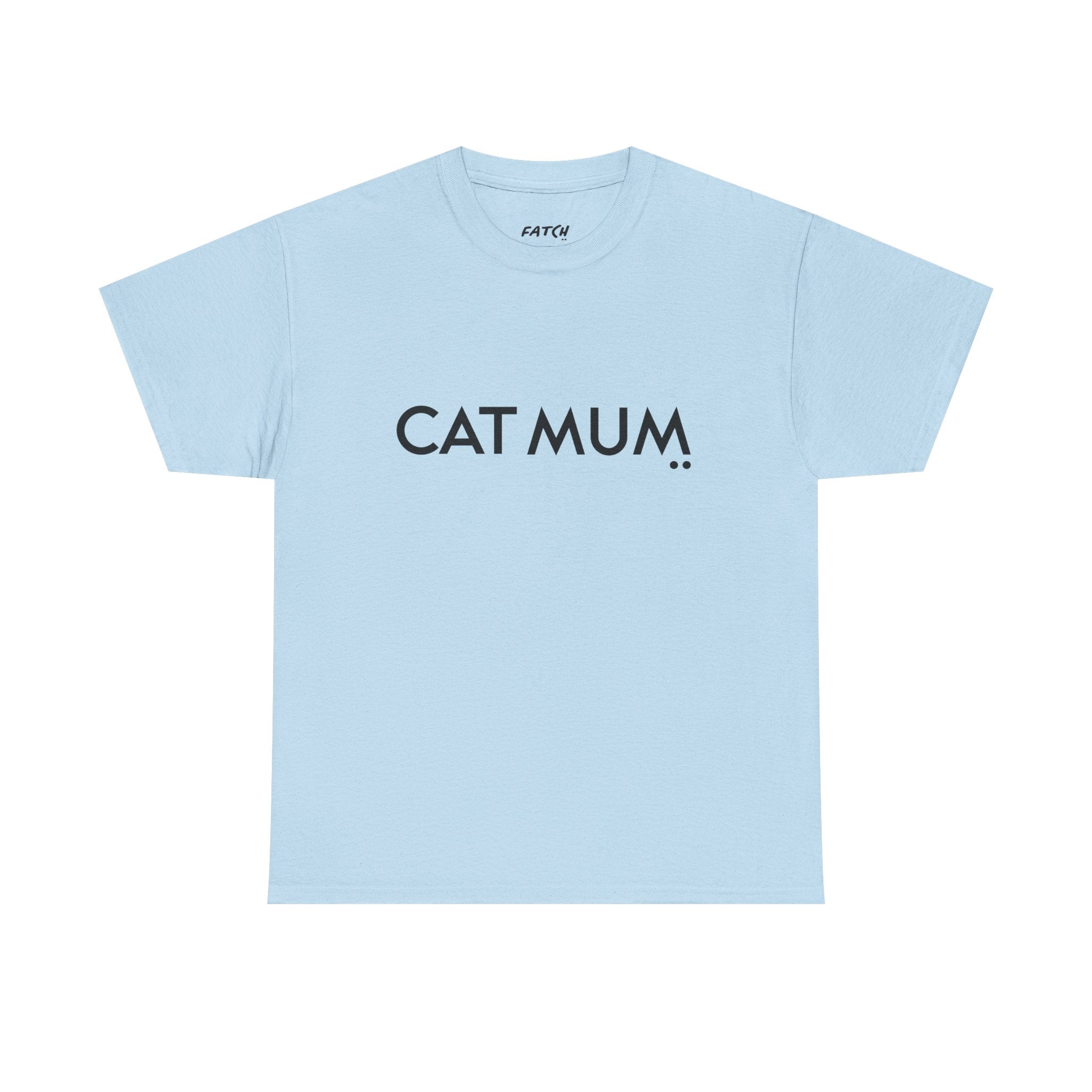 Light blue t-shirt with 'CAT MUM' text on a white background