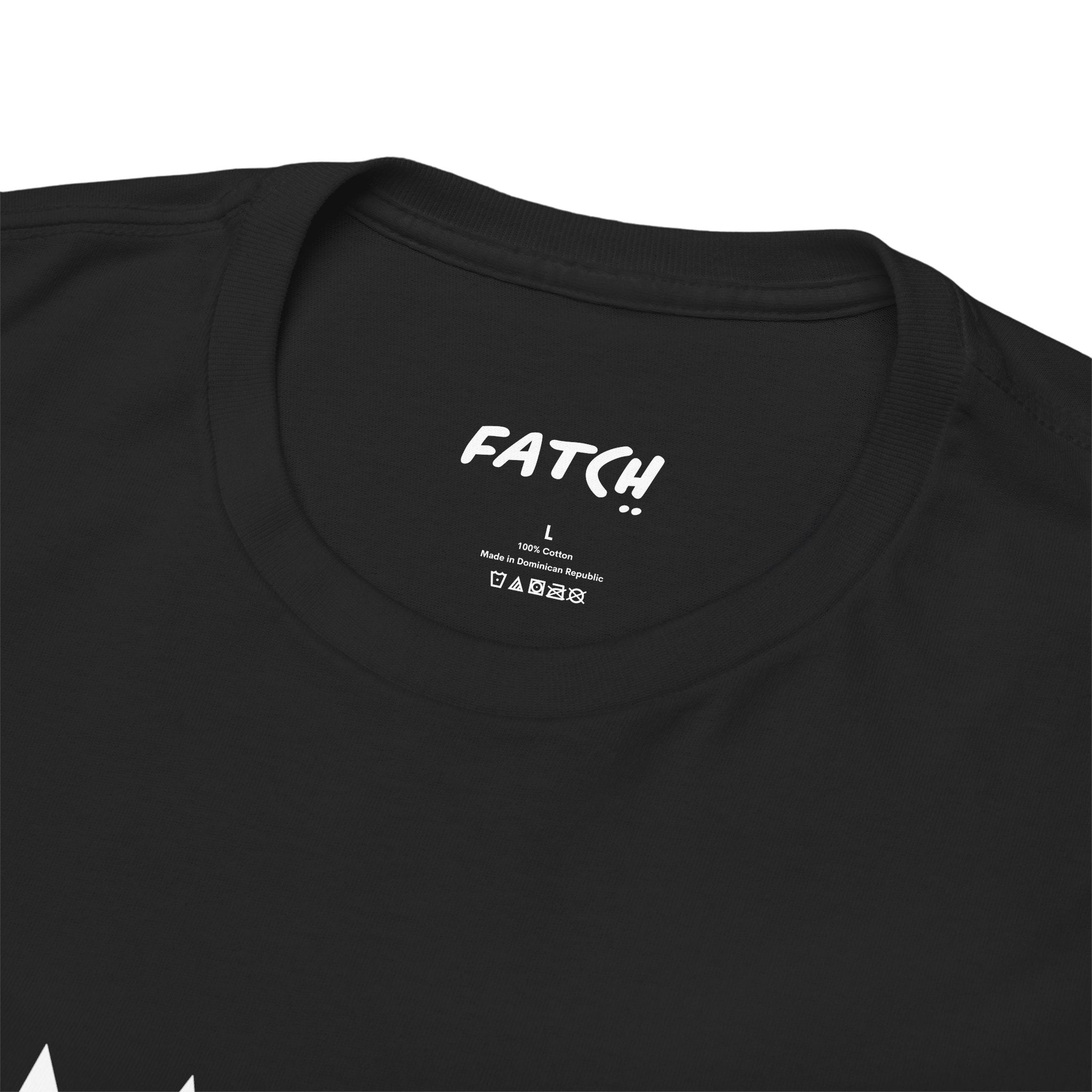 Black t-shirt with 'FATCH' branding on a white background
