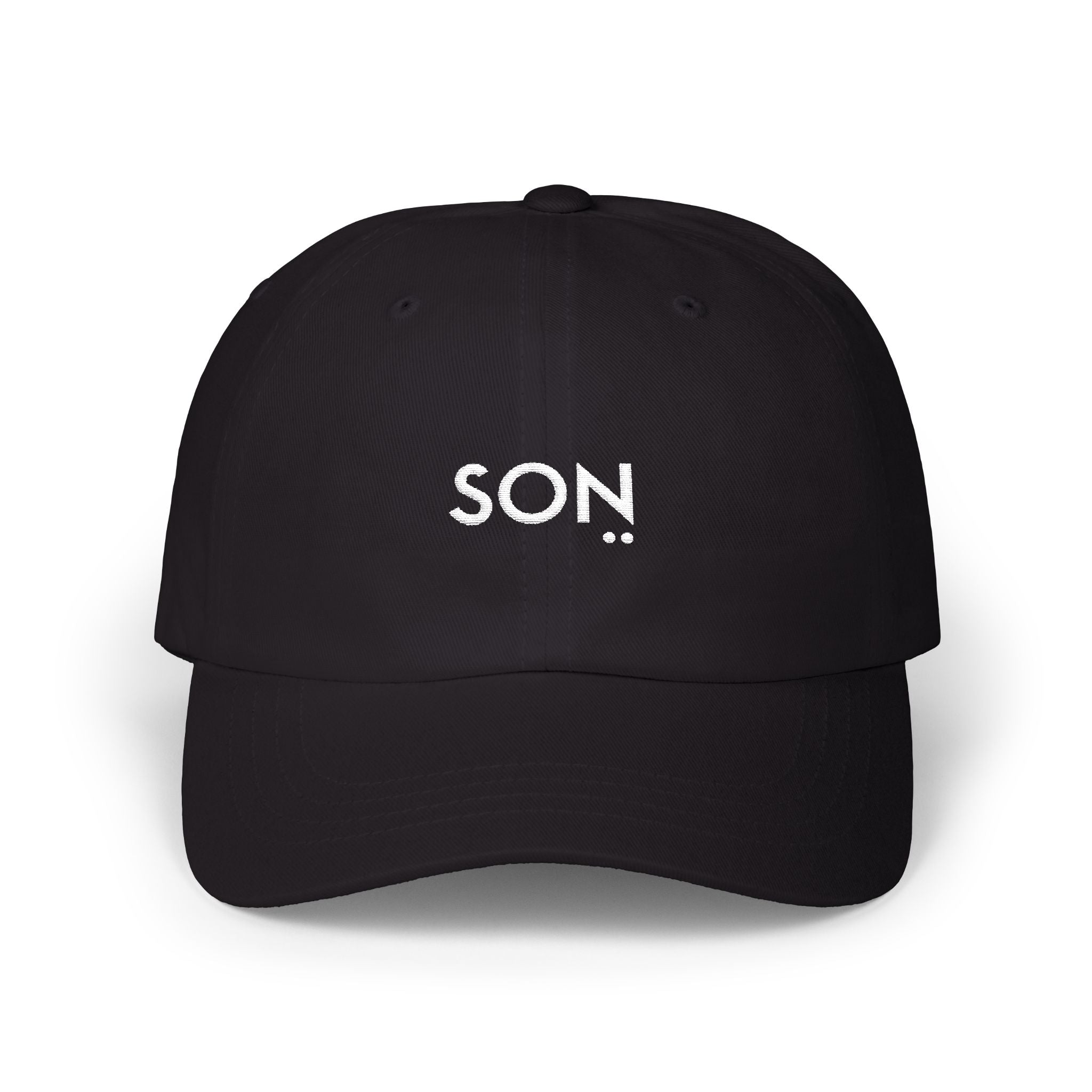 Black cap with 'SON' embroidered on a white background