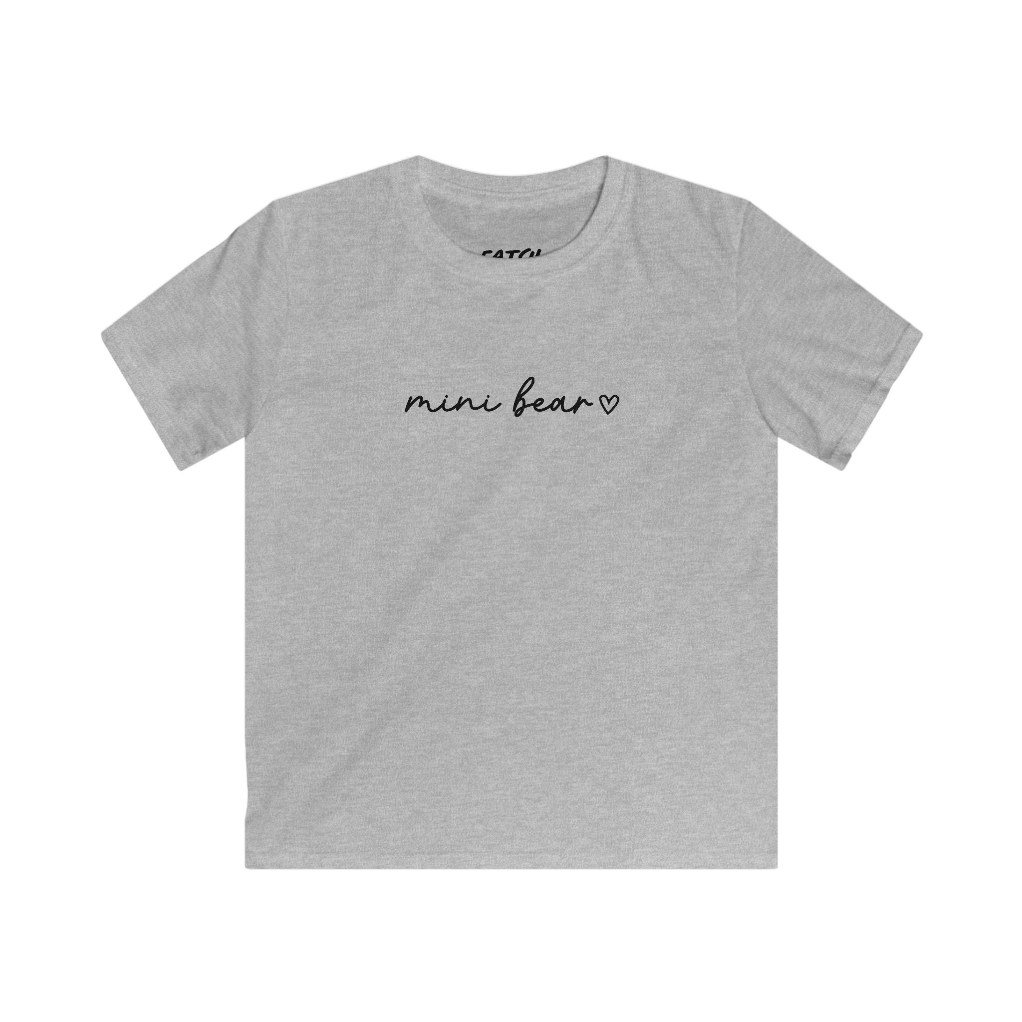 Gray t-shirt with 'mini bear' text on a white background