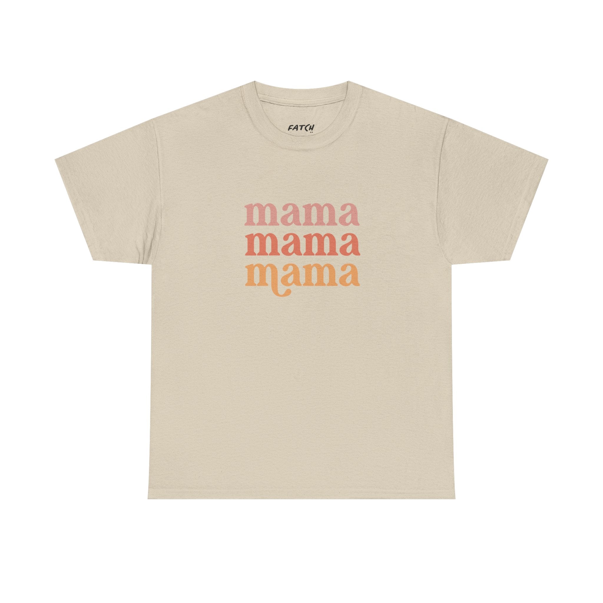 Beige t-shirt with 'mama' text in multiple colors on a white background