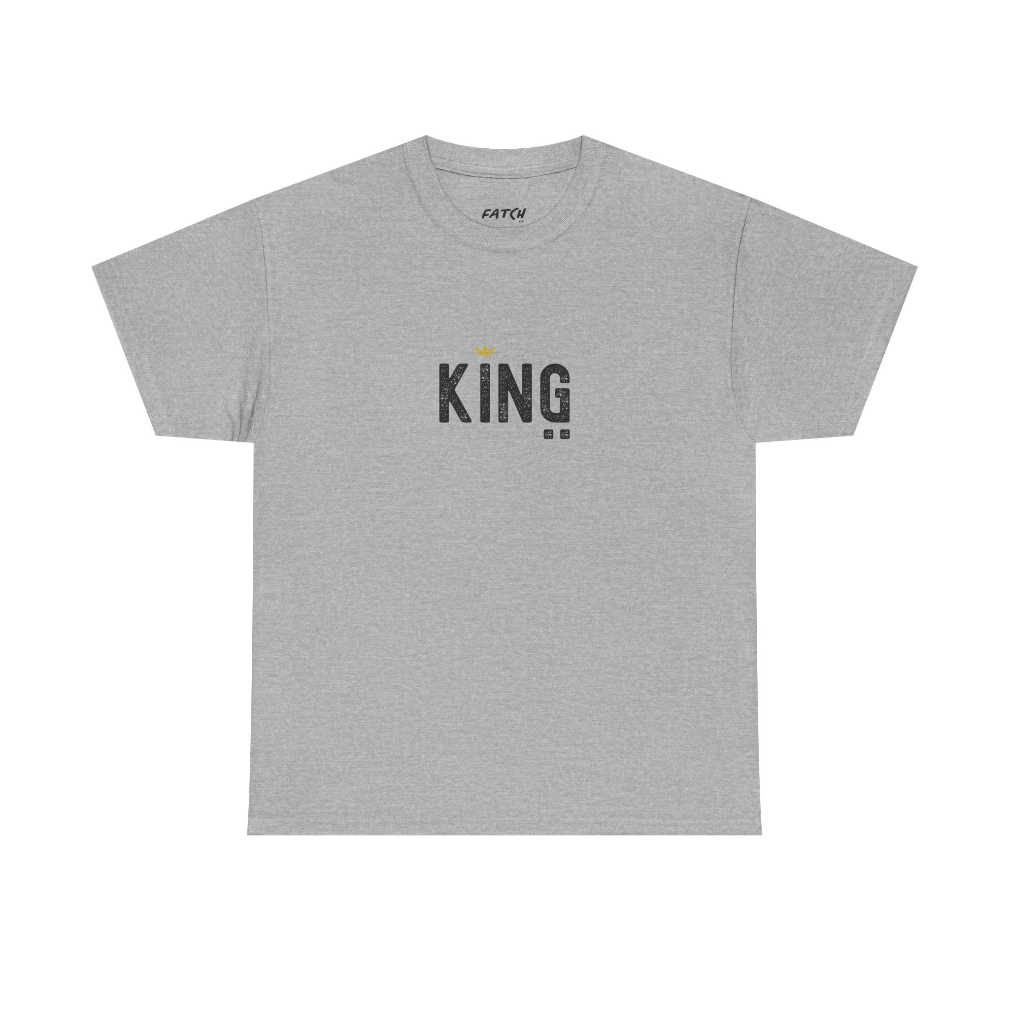 Gray t-shirt with 'KING' print on a white background