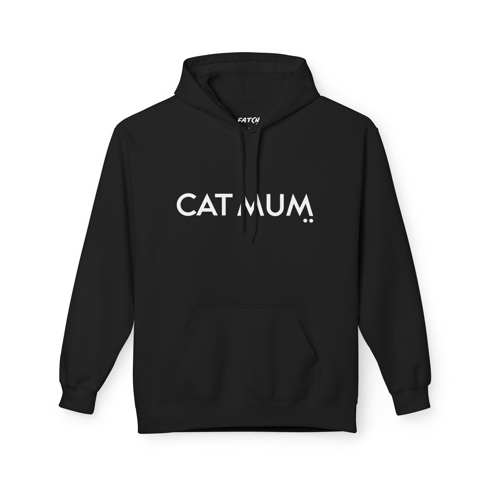 Black hoodie with 'CAT MUM' text on a white background