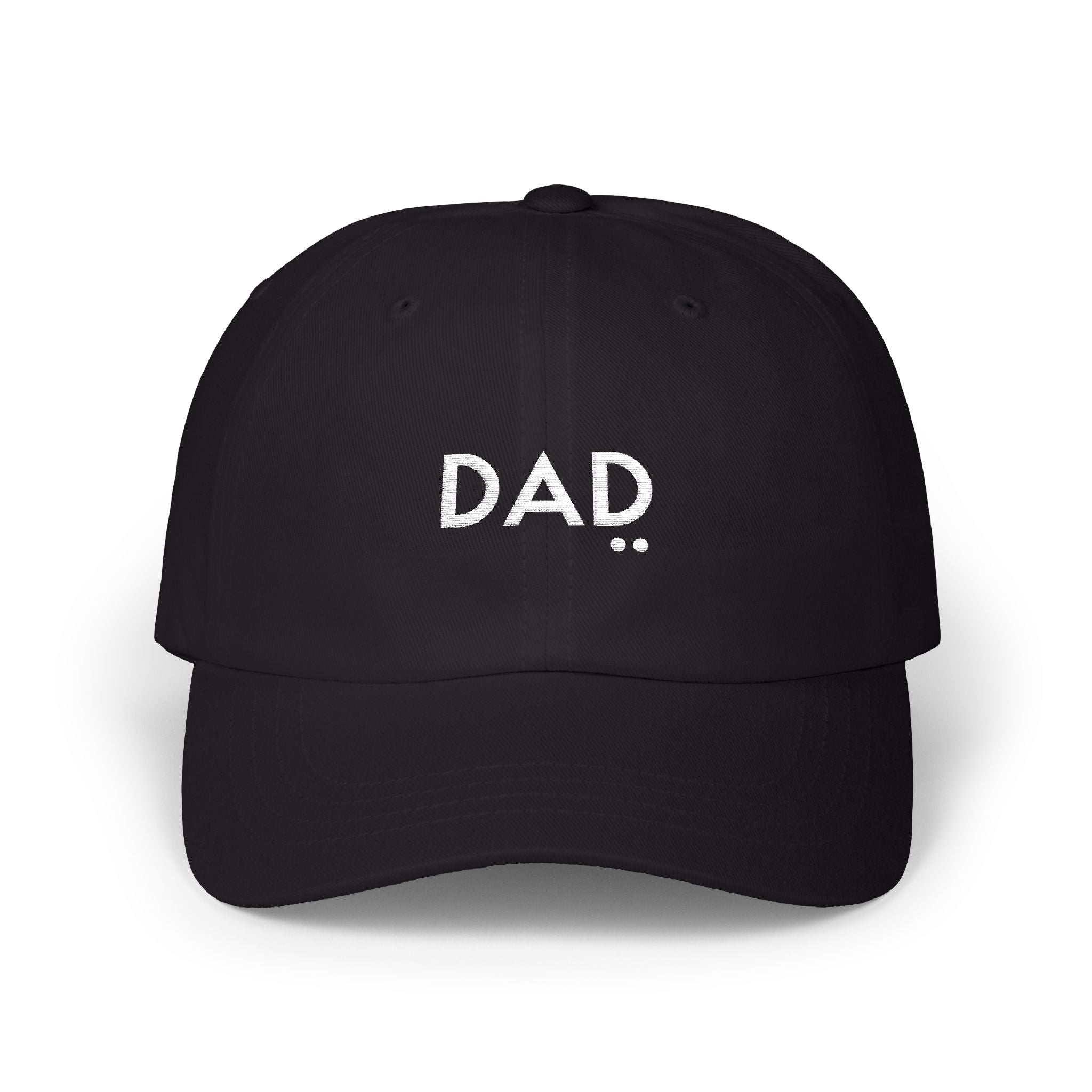 Black cap with 'DAD' embroidered on a white background