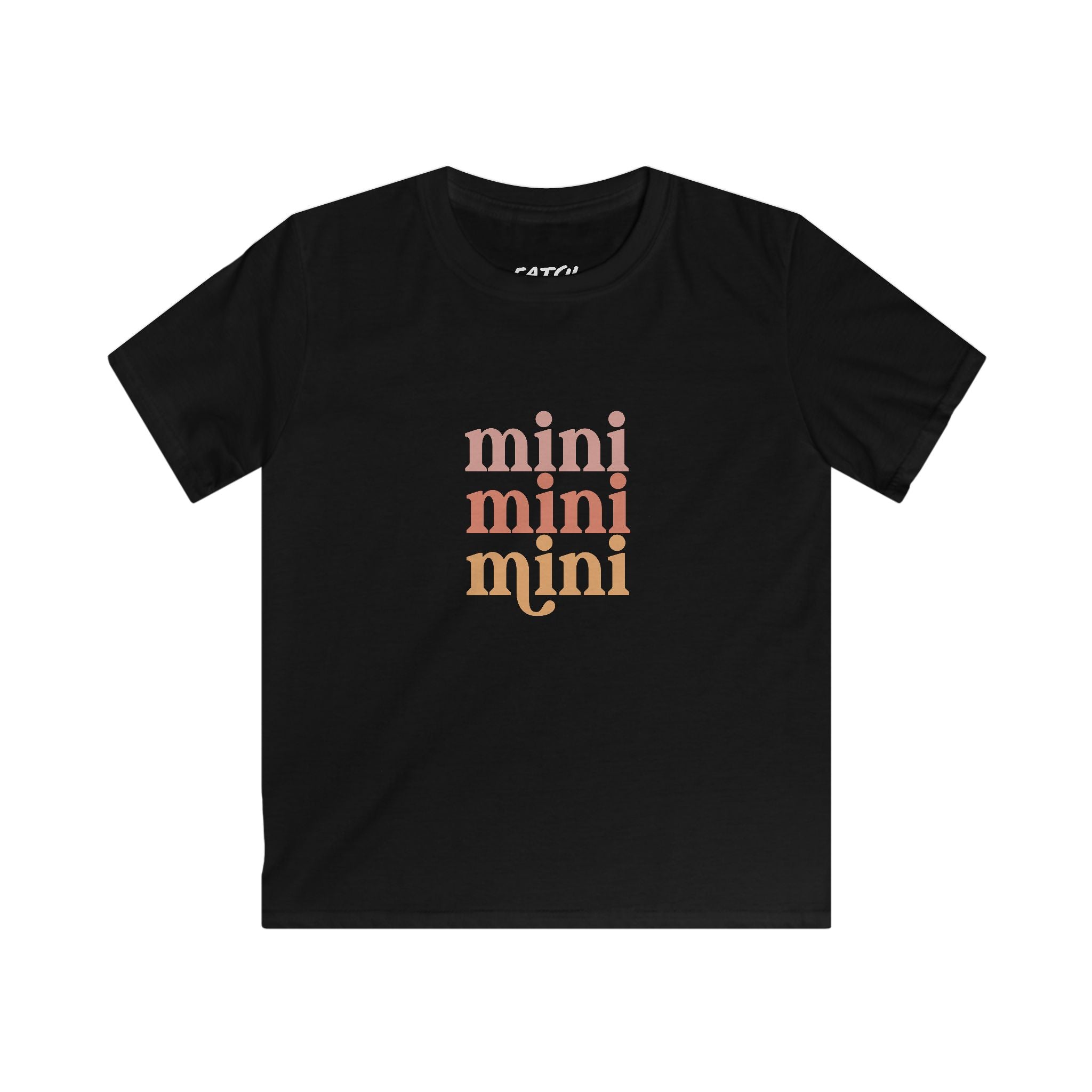 Black t-shirt with 'mini' text in multiple colors on a white background