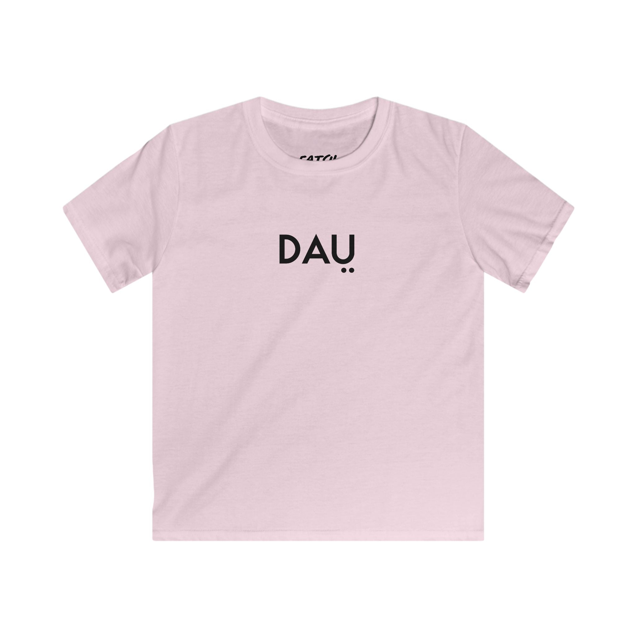 Pink t-shirt with 'DAU' printed on it against a white background