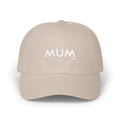 Beige cap with 'MUM' embroidered on a white background
