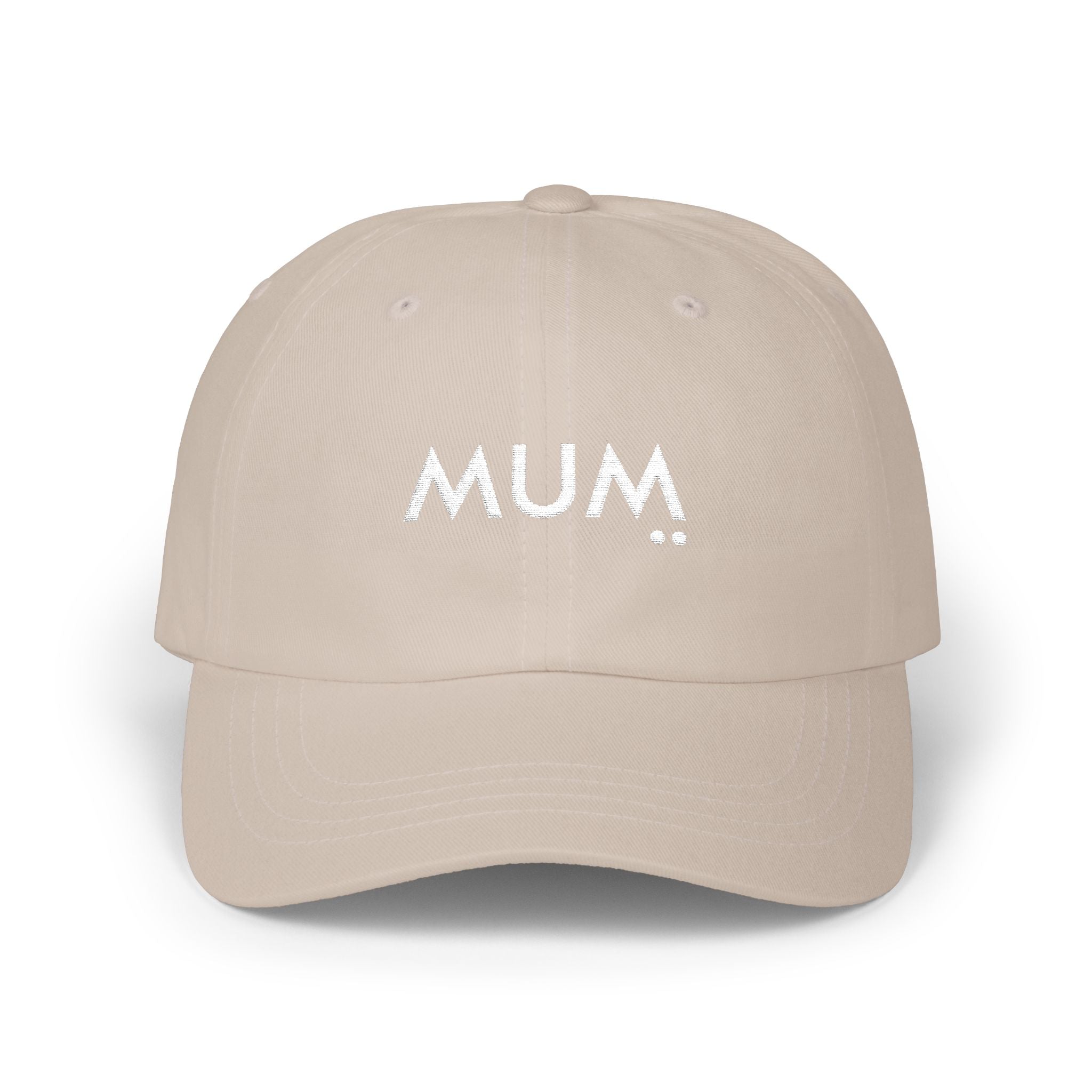 Beige cap with 'MUM' embroidered on a white background