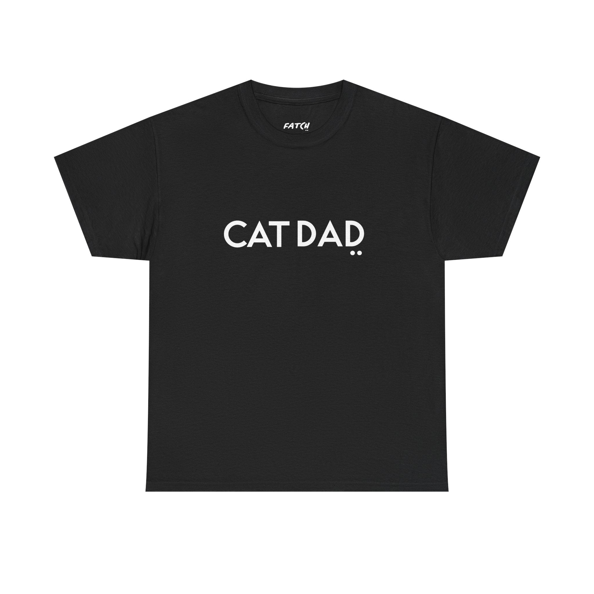 Black t-shirt with 'CAT DAD' text on a white background
