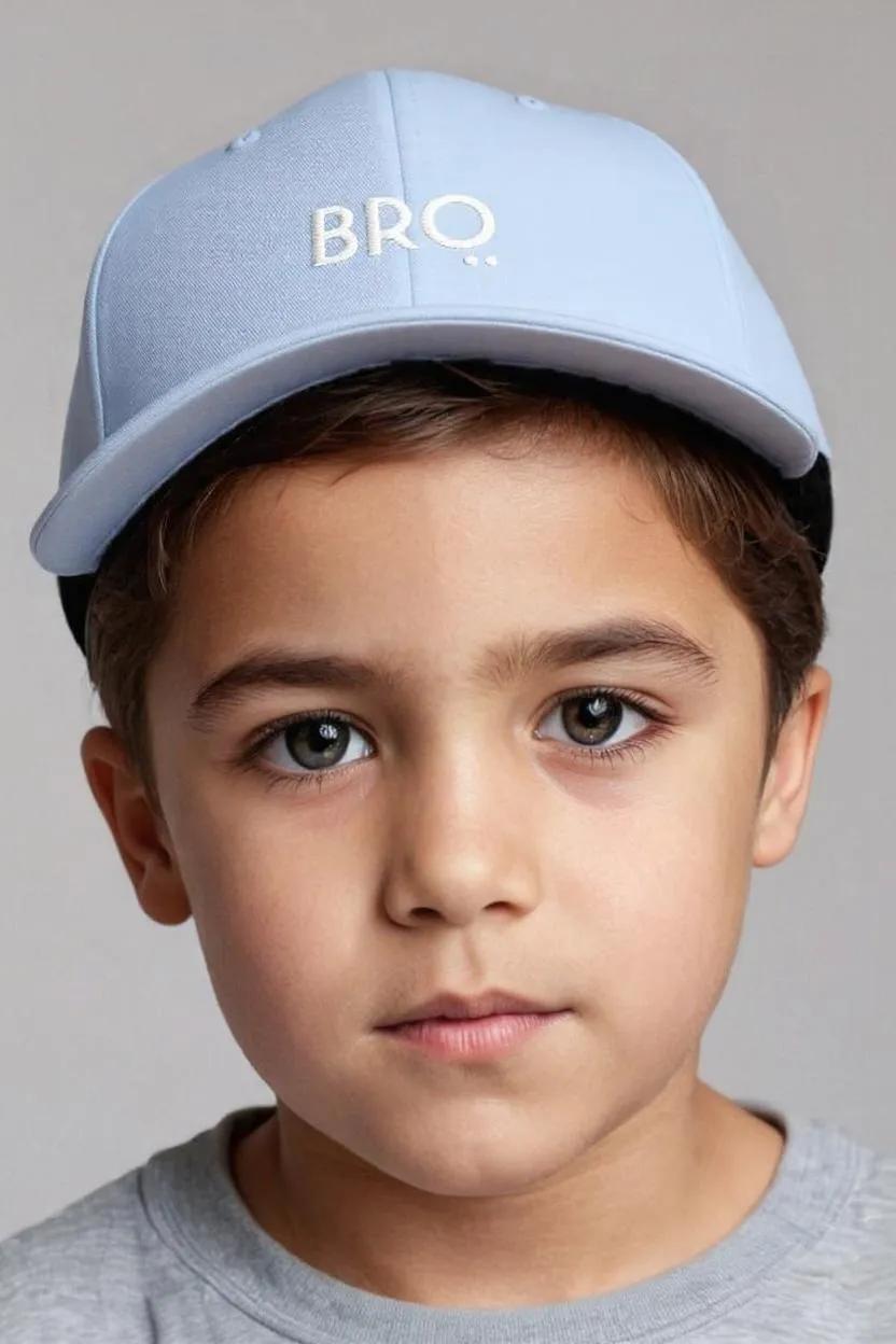 Child wearing a light blue cap with 'BRQ' on a gray background