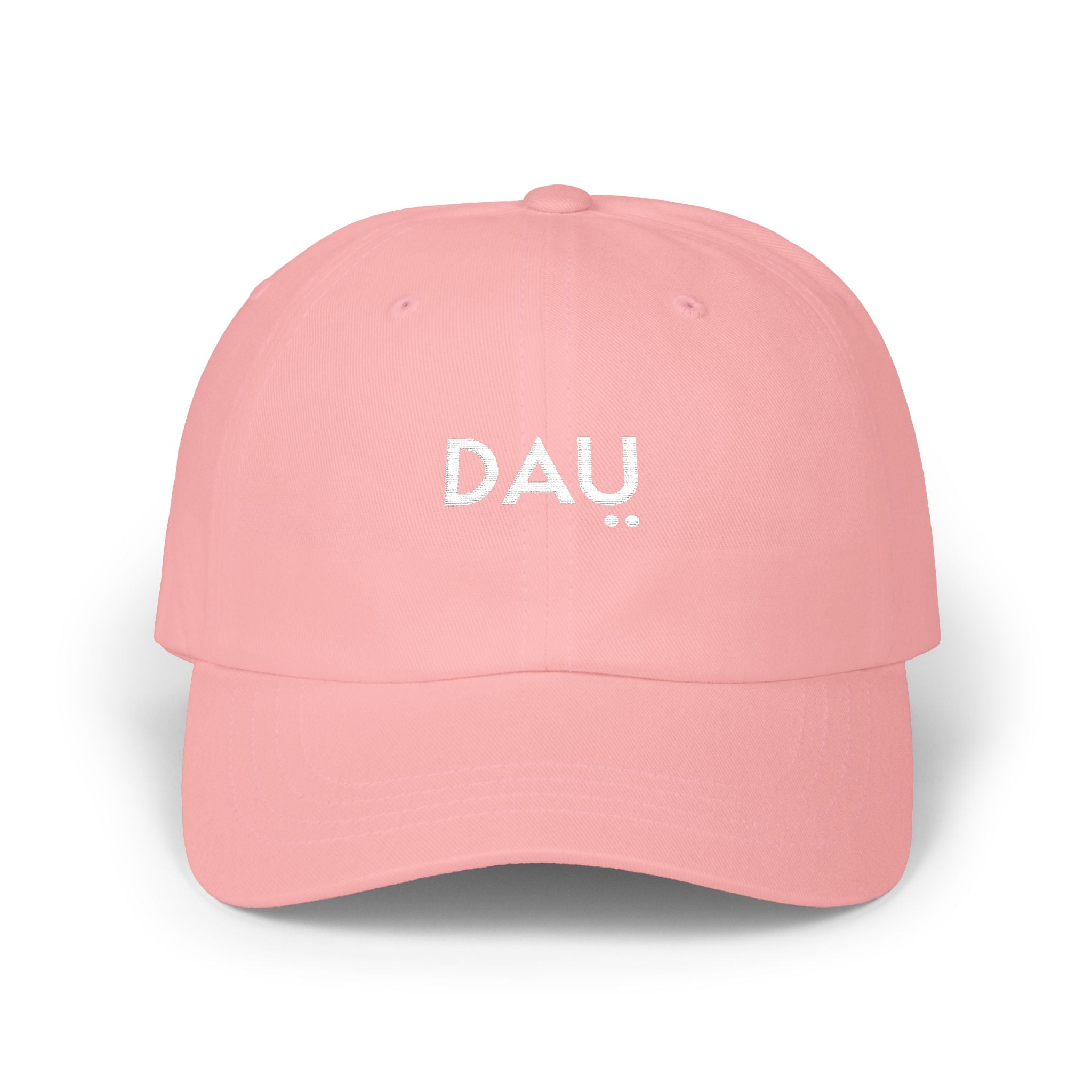 Pink cap with 'DAU' embroidered on a white background