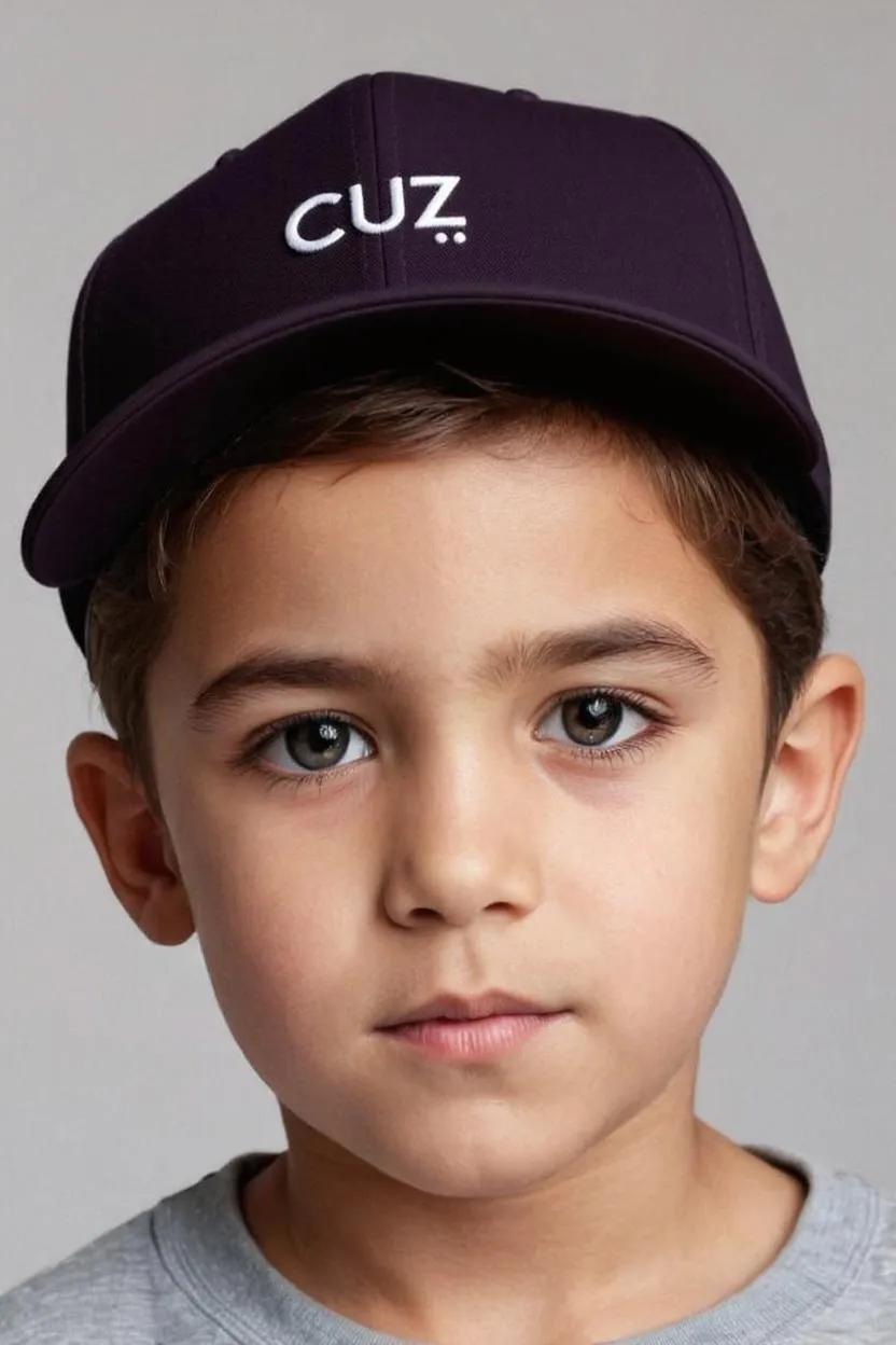 Child wearing a purple cap with 'CUZ' logo on a gray background