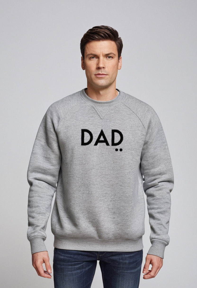 Man wearing a gray sweatshirt with 'DAD' text on a light gray background