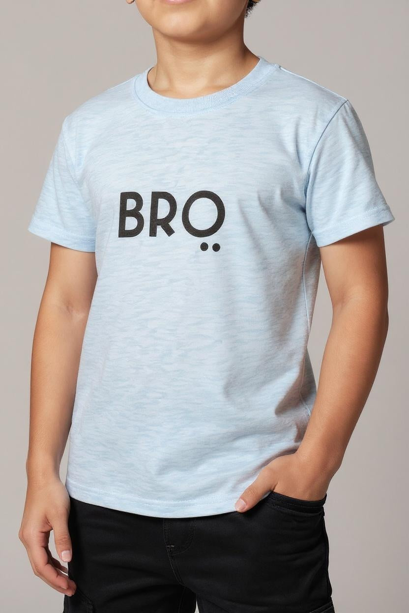 Light blue t-shirt with 'BRO' text worn by a person on a neutral background