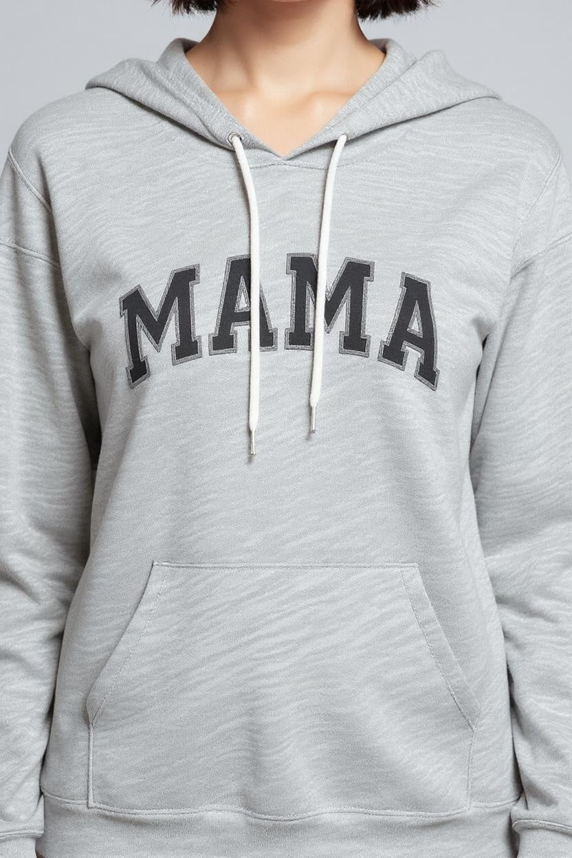 Gray hoodie with 'MAMA' text on a plain background