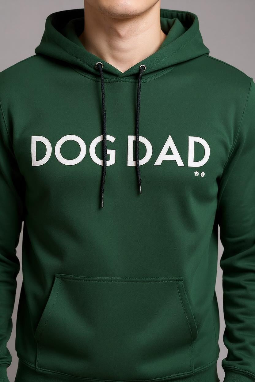 Green hoodie with 'DOG DAD' text on a gray background