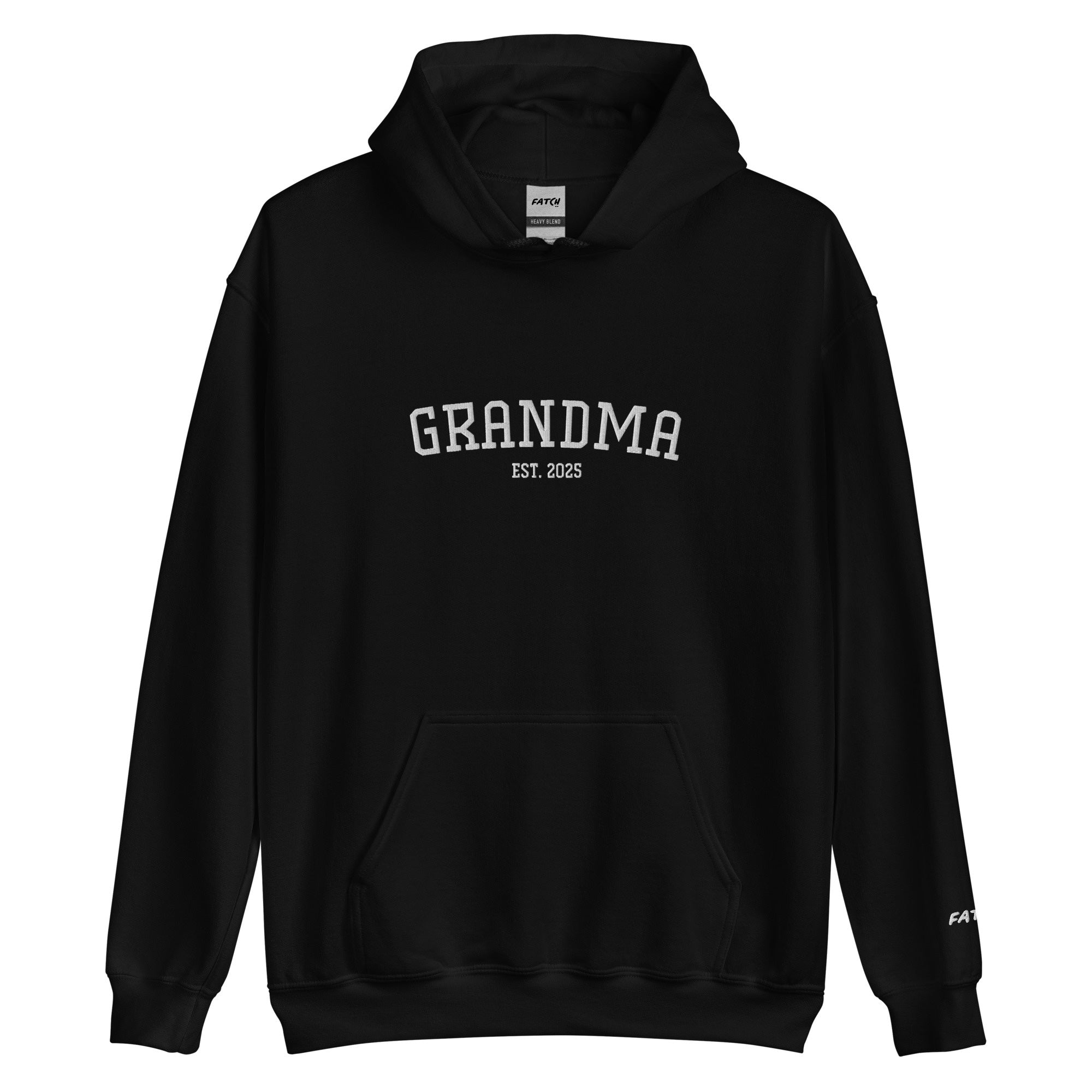Black hoodie with 'GRANDMA EST. 2025' text on a white background