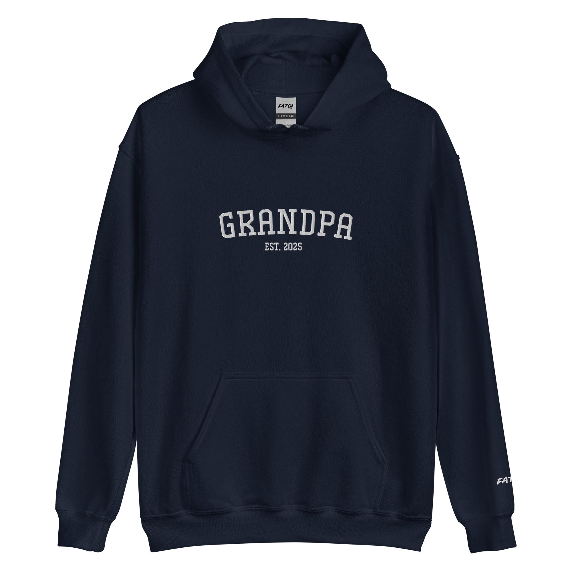 Navy blue hoodie with 'GRANDPA EST. 2025' text on a white background