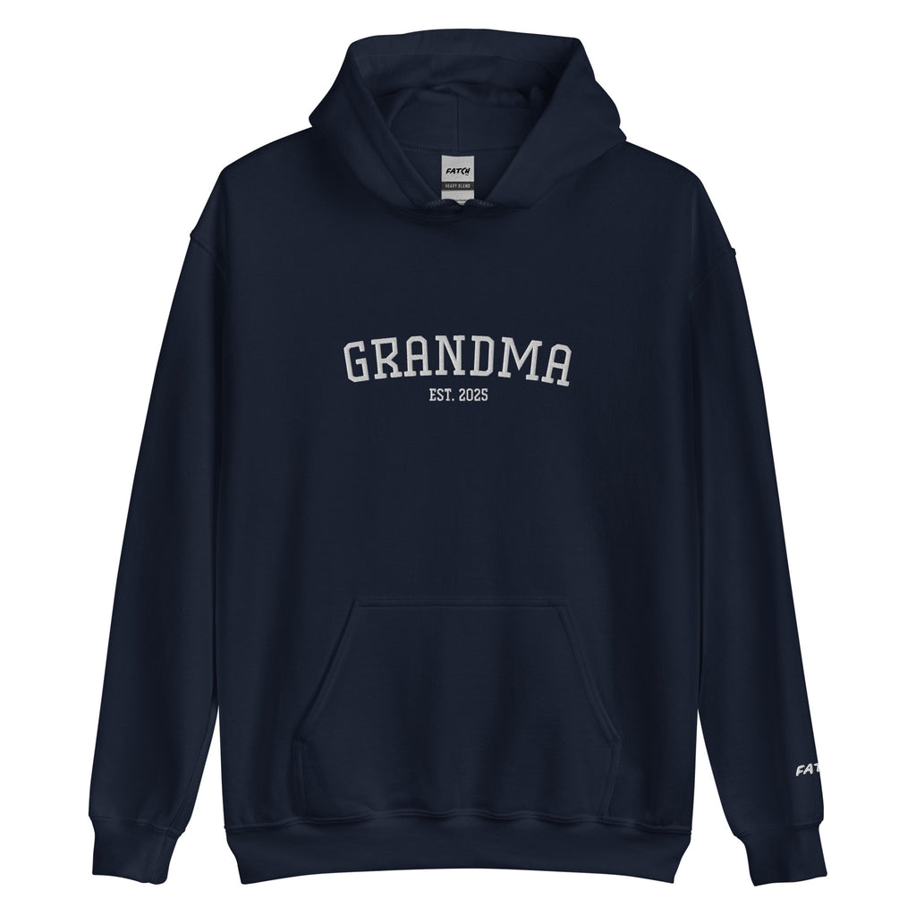 Navy blue hoodie with 'GRANDMA EST. 2025' text on a white background