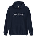 Navy blue hoodie with 'GRANDMA EST. 2025' text on a white background