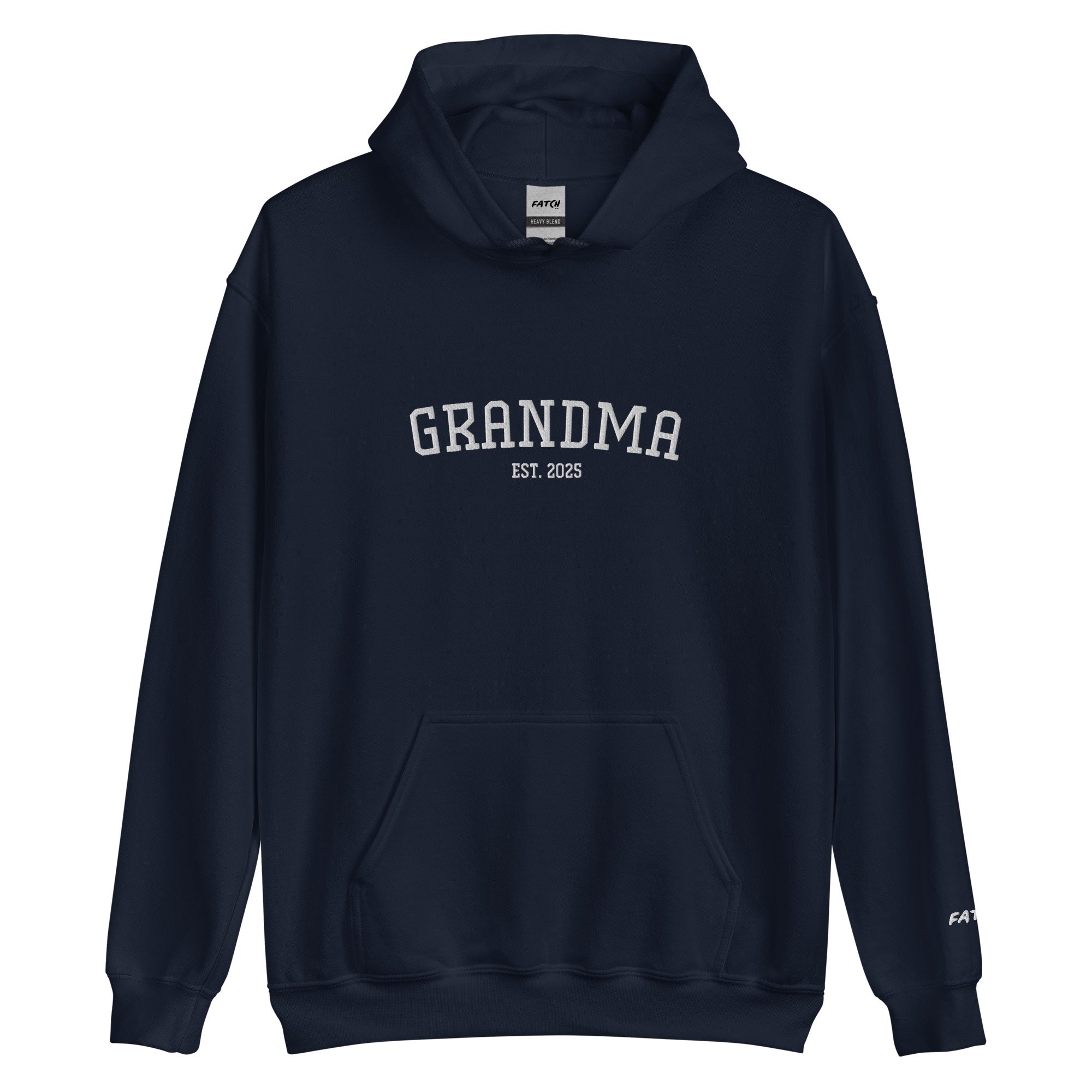 Navy blue hoodie with 'GRANDMA EST. 2025' text on a white background
