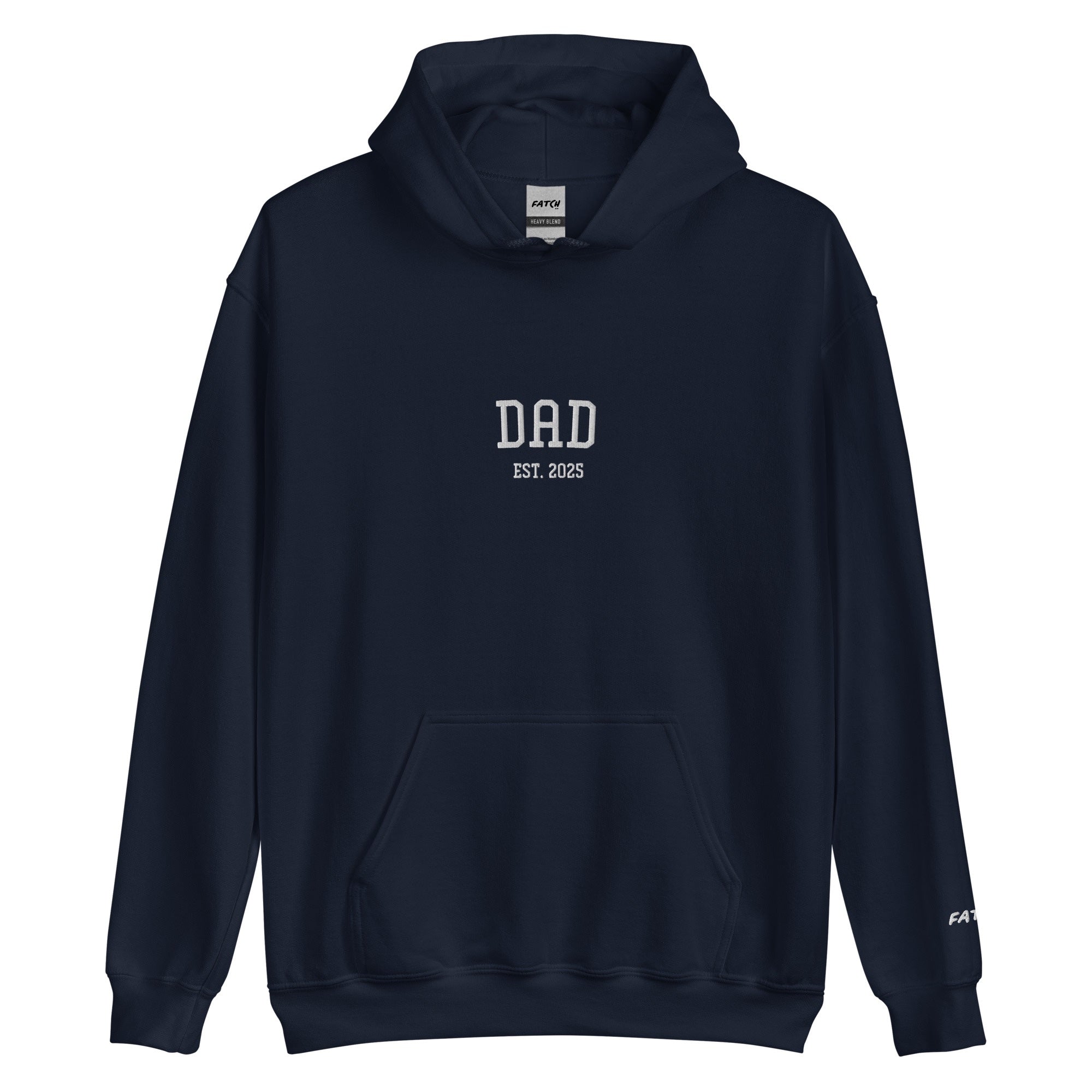 Navy blue hoodie with 'DAD EST. 2023' text on a white background
