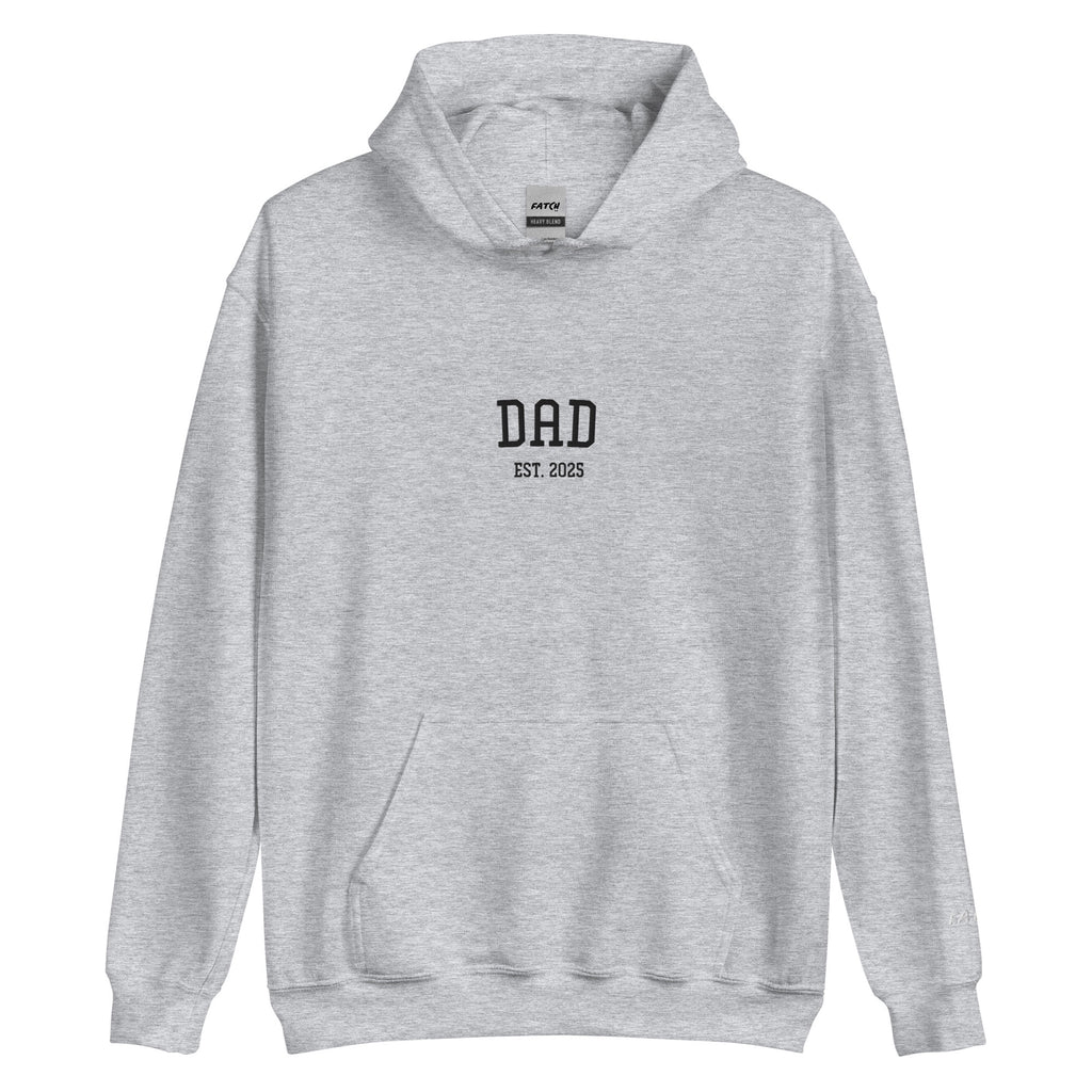 Gray hoodie with 'DAD EST. 2023' text on a white background
