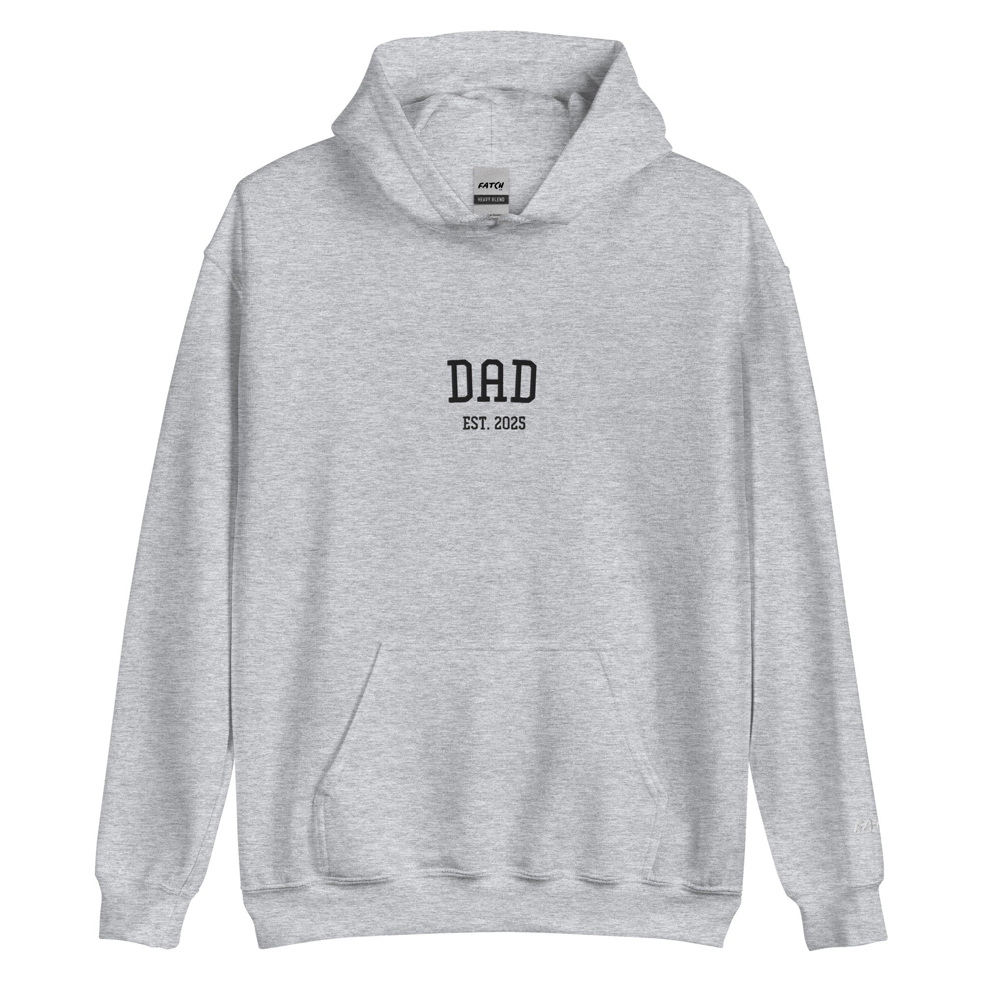 Gray hoodie with 'DAD EST. 2023' text on a white background