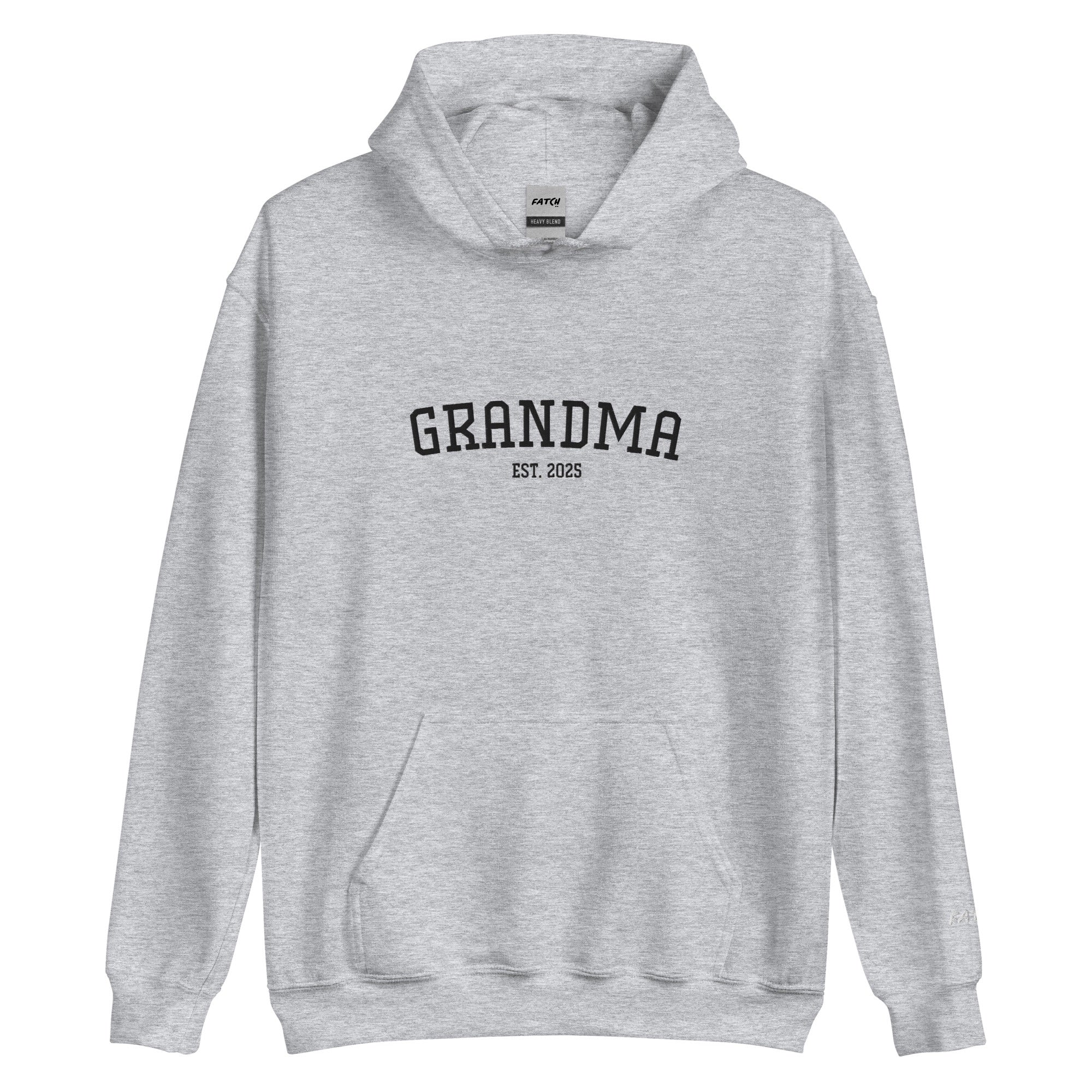 Gray hoodie with 'GRANDMA EST. 2025' text on a white background