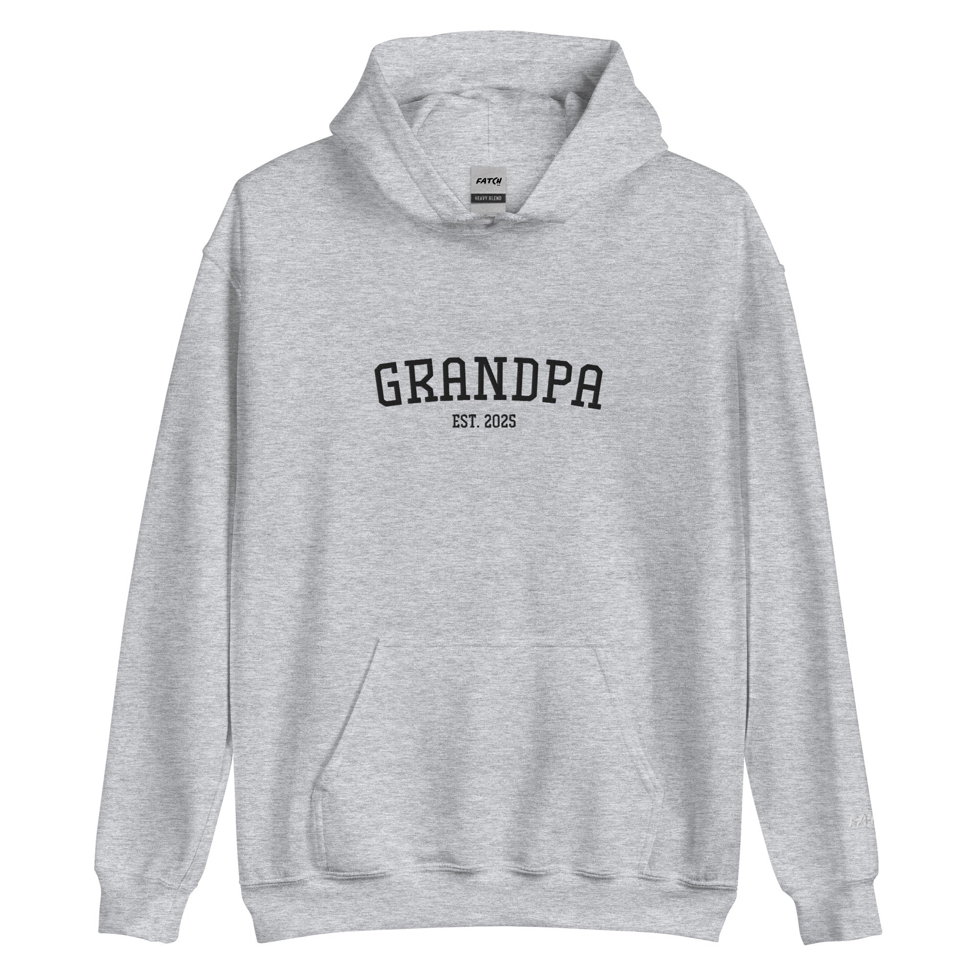 Gray hoodie with 'GRANDPA EST. 2025' text on a white background