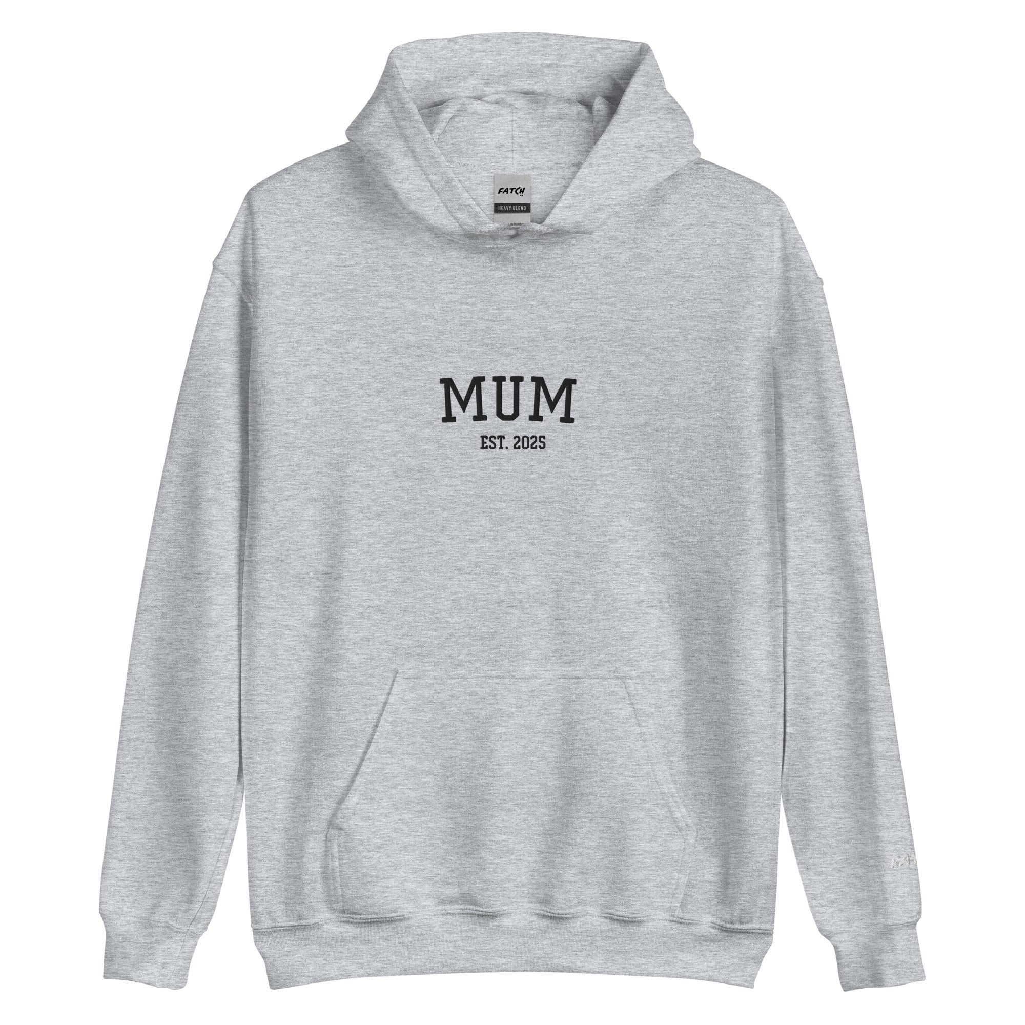 Gray hoodie with 'MUM EST. 2023' text on a white background
